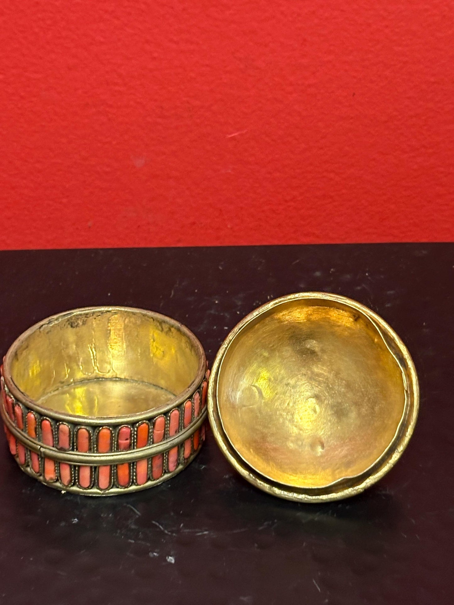 Beautiful turquoise coral and brass box  2 x 2 1/2“ tall  missing couple stones  great value