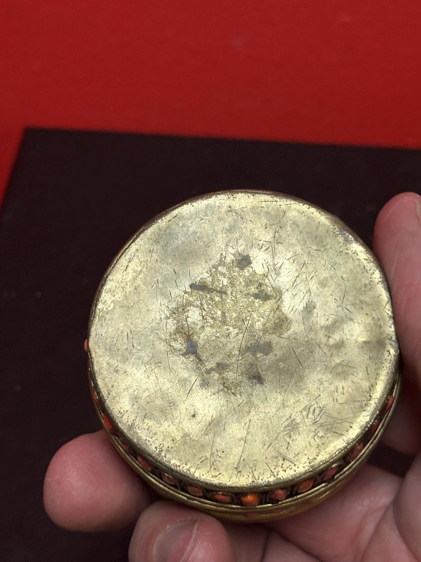 Beautiful turquoise coral and brass box  2 x 2 1/2“ tall  missing couple stones  great value