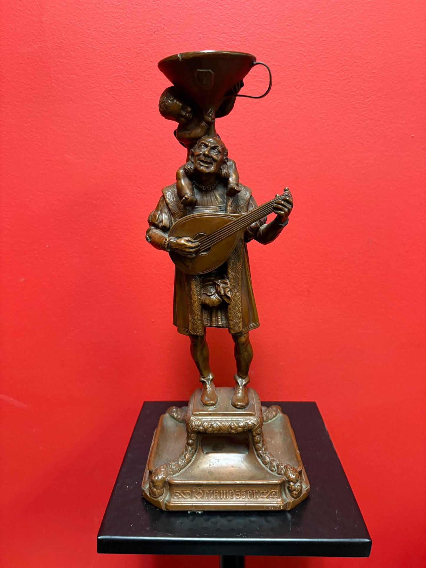 Beautiful 12 inch high antique European 19 century bronze of a mandolin player with a cherub statue candlestick great condition - B
