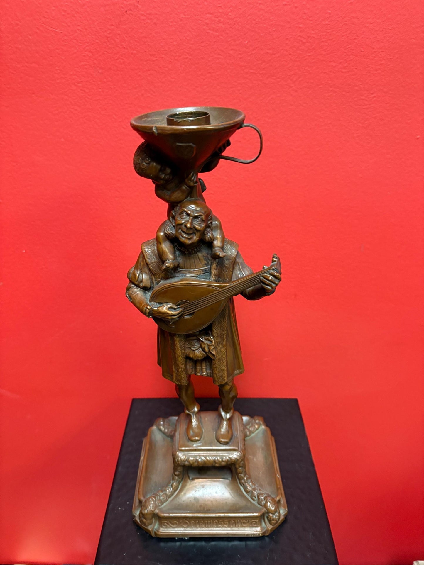 Beautiful 12 inch high antique European 19 century bronze of a mandolin player with a cherub statue candlestick great condition - B