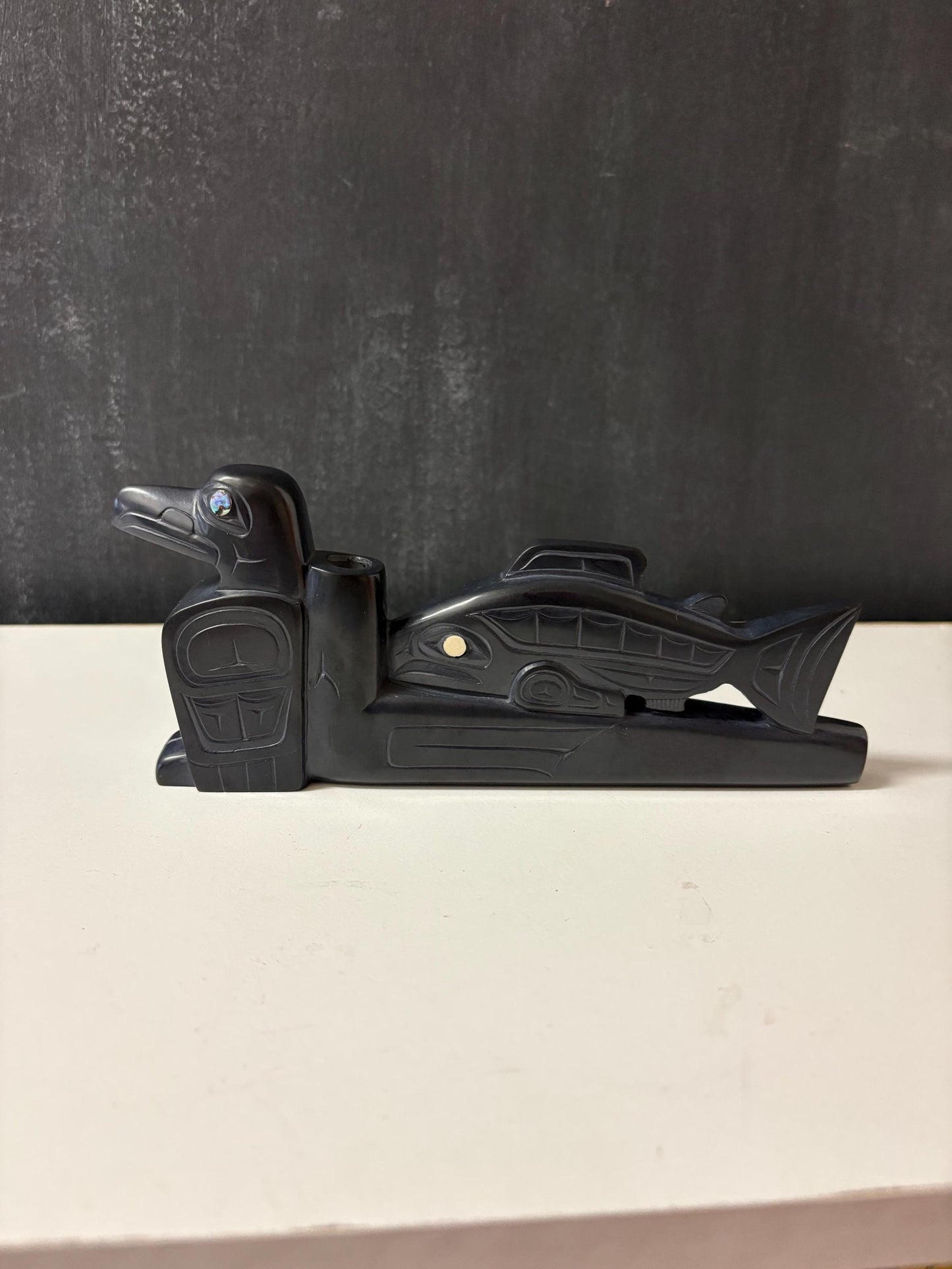 Stunning rare Haida argillite Glen Pollard pipe  most amazing detail and condition   museum quality  the best  8 x 3.5 inches high