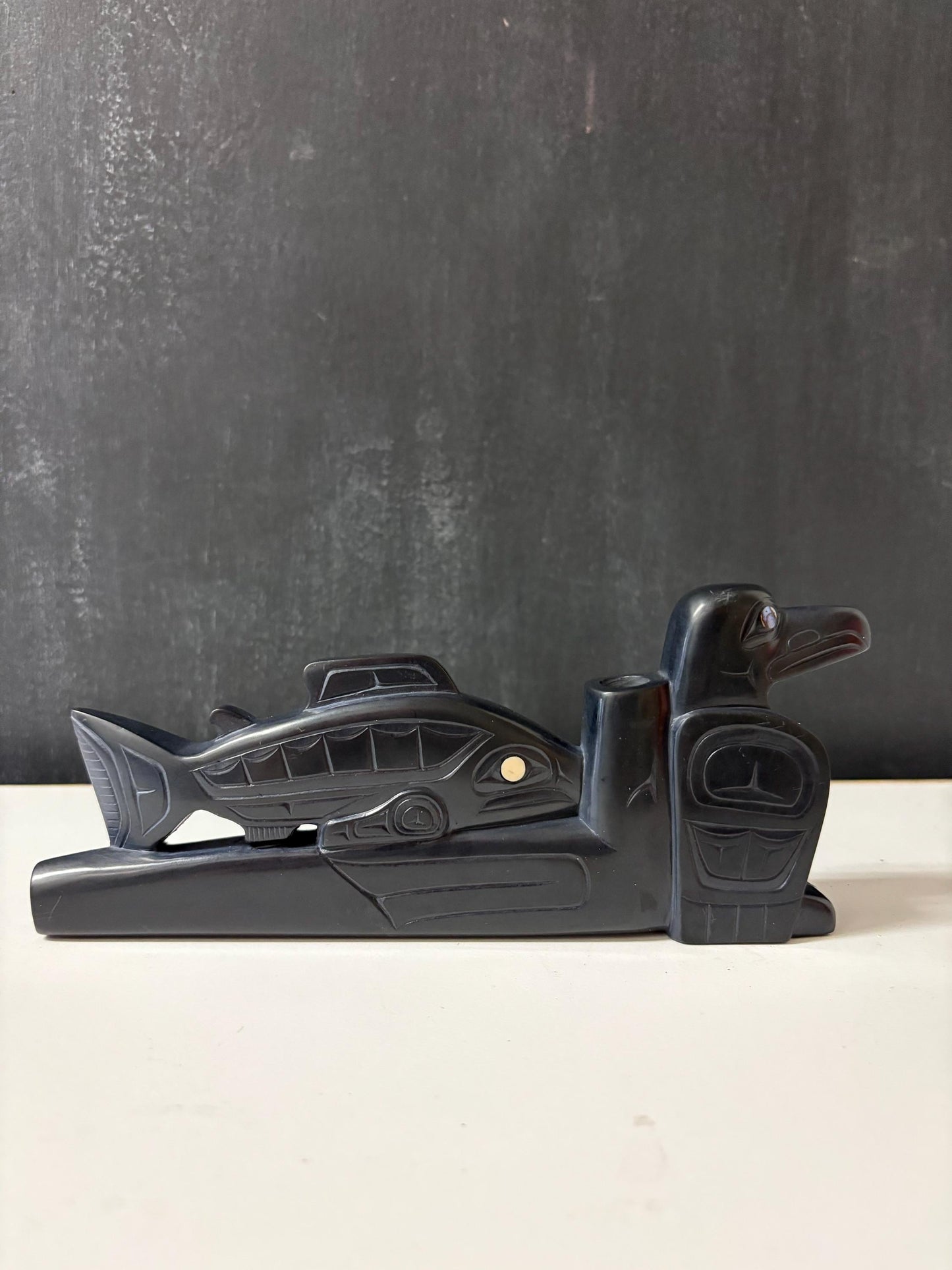 Stunning rare Haida argillite Glen Pollard pipe  most amazing detail and condition   museum quality  the best  8 x 3.5 inches high