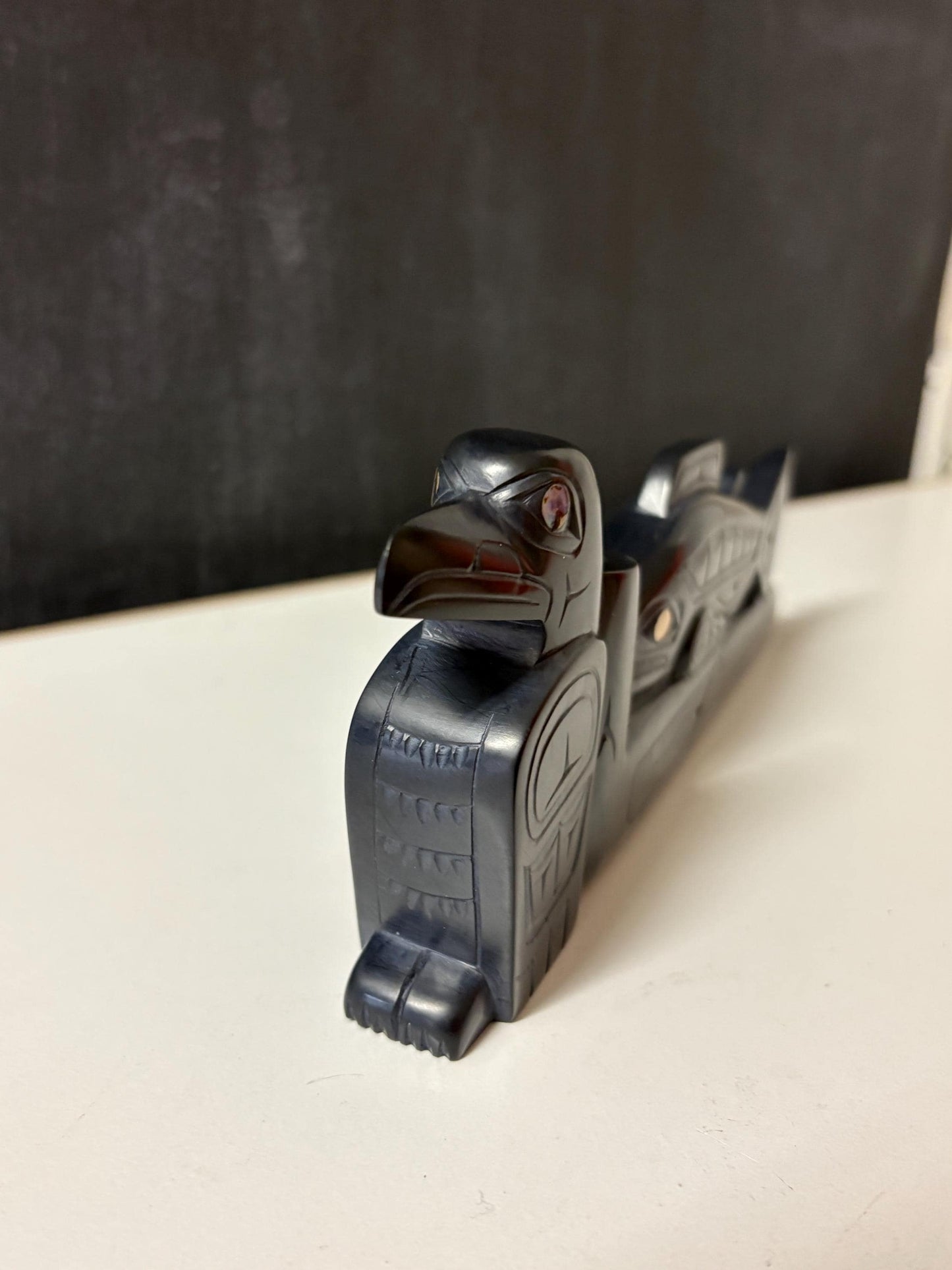 Stunning rare Haida argillite Glen Pollard pipe  most amazing detail and condition   museum quality  the best  8 x 3.5 inches high