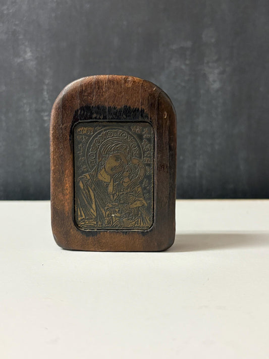 Absolutely wonderful antique  European bronze and wooden icon with stand  intricate detail  3 inches tall - powerful piece