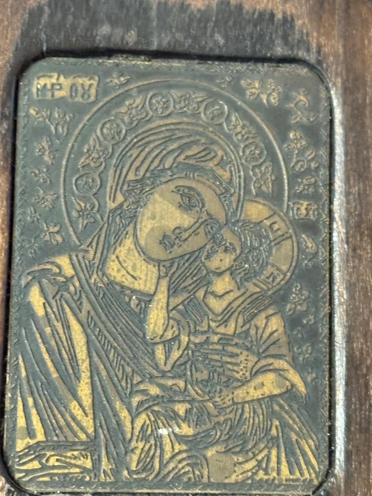 Absolutely wonderful antique  European bronze and wooden icon with stand  intricate detail  3 inches tall - powerful piece