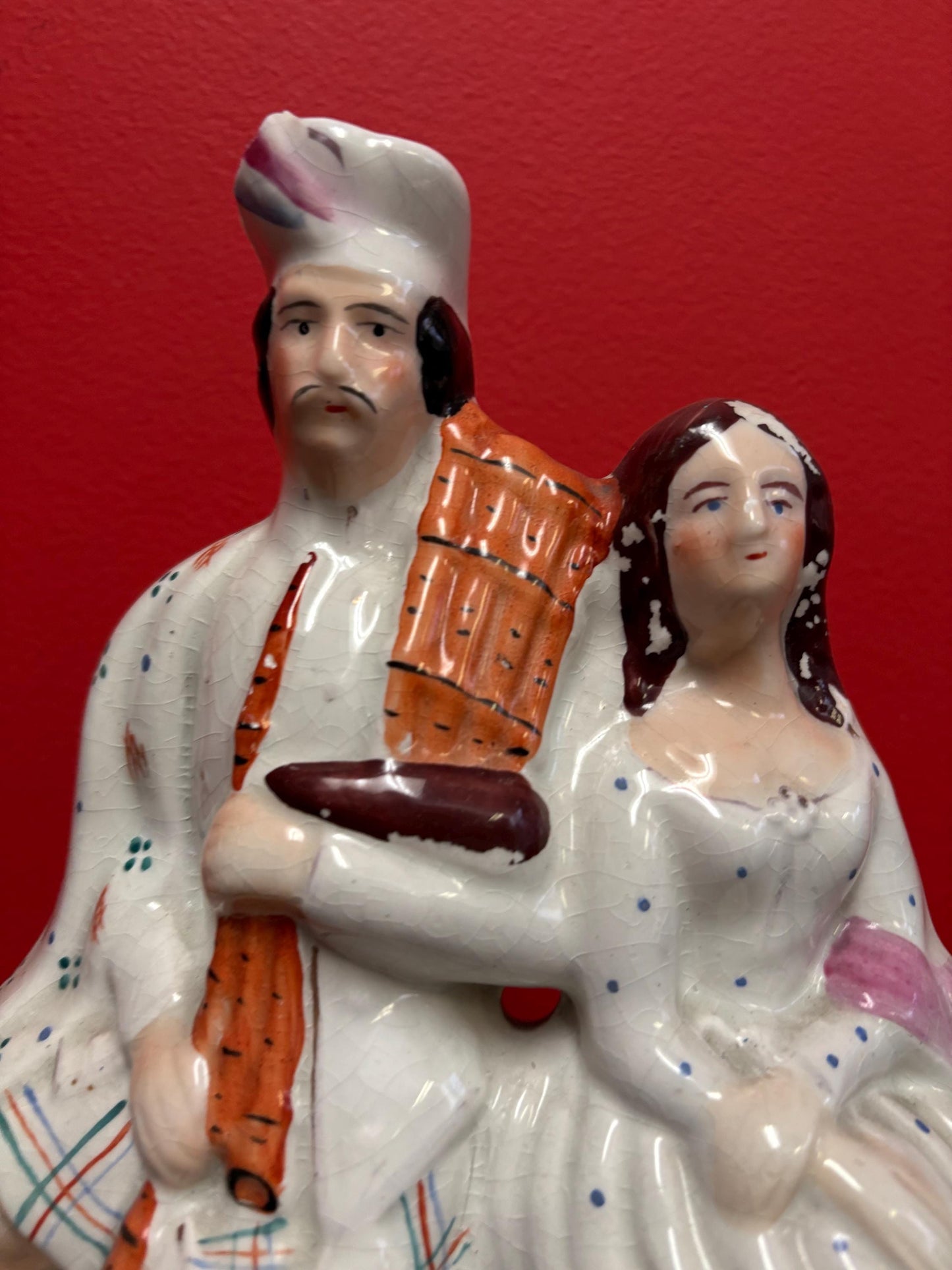 Beautiful antique English Staffordshire flatback statue of a couple  14 x 8 wide  good condition for age