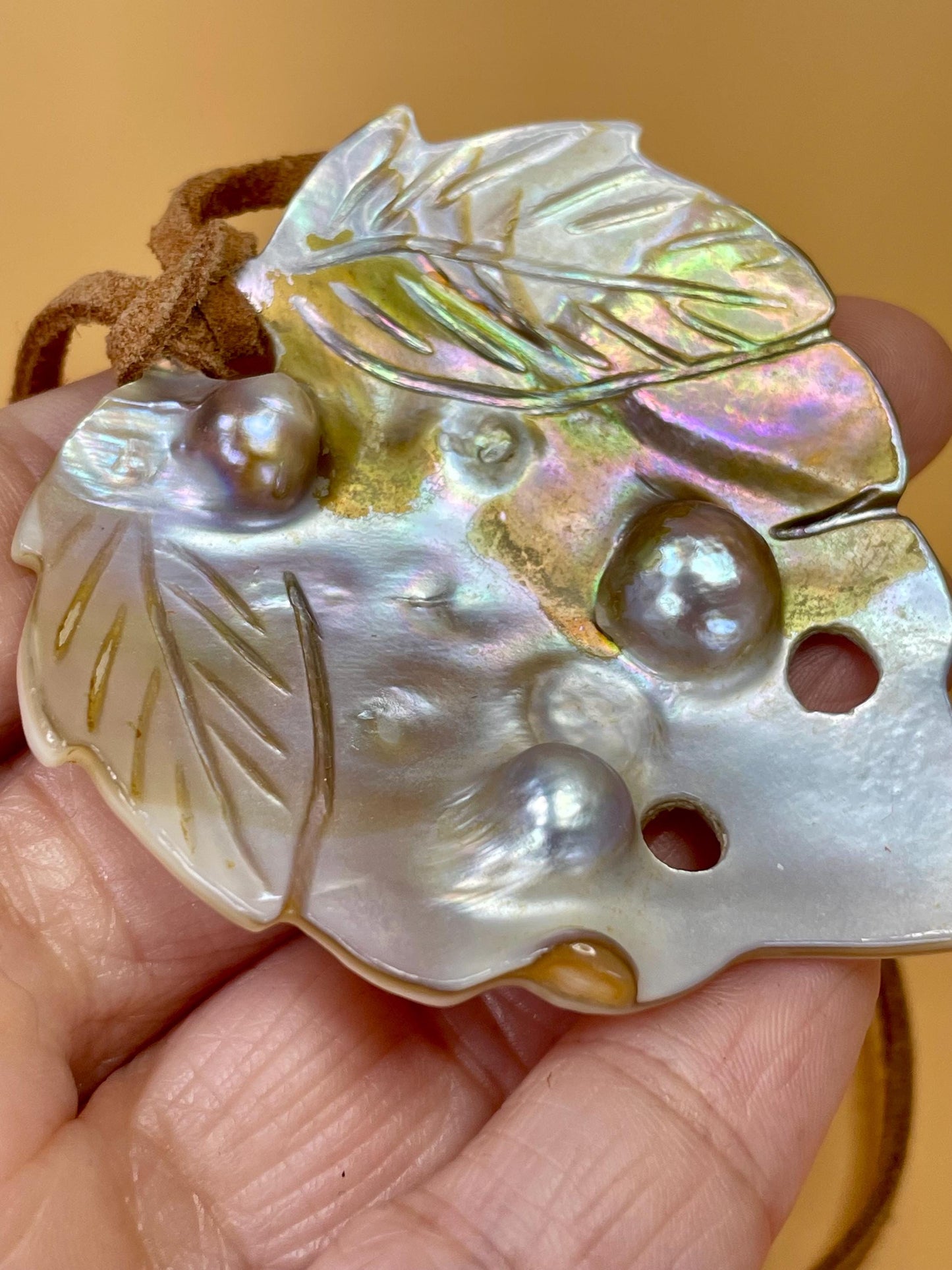 Oyster shell Pendant Necklace with 3 Natural Black Pearls  2.5 Pendant