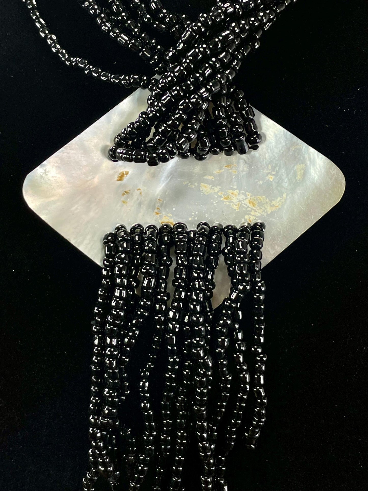 Vintage Black Bead and Shell Pendant Necklace