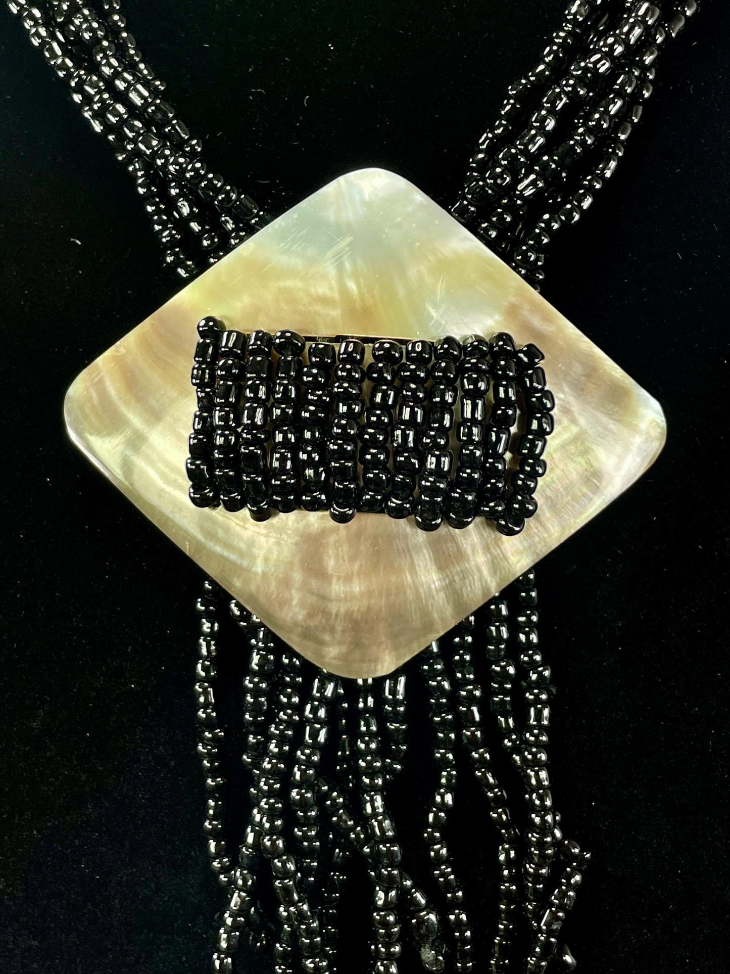 Vintage Black Bead and Shell Pendant Necklace