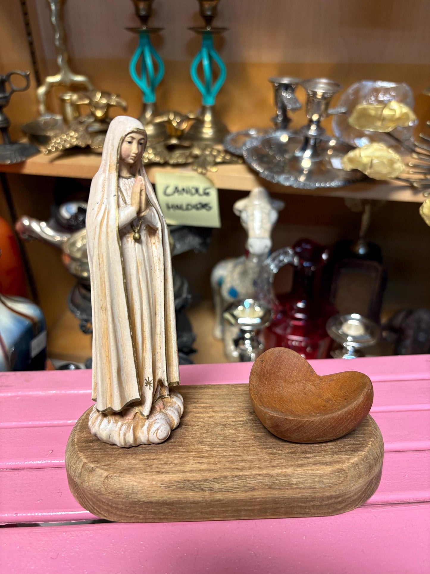 Intricate detailed wooden Madonna and heart dish on stand  amazing piece and great gift  good value 6 1/2 x 6“ long