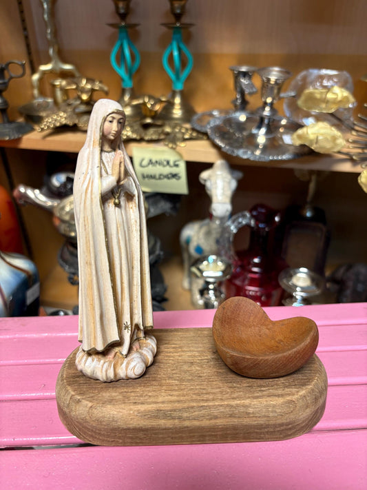 Intricate detailed wooden Madonna and heart dish on stand  amazing piece and great gift  good value 6 1/2 x 6“ long