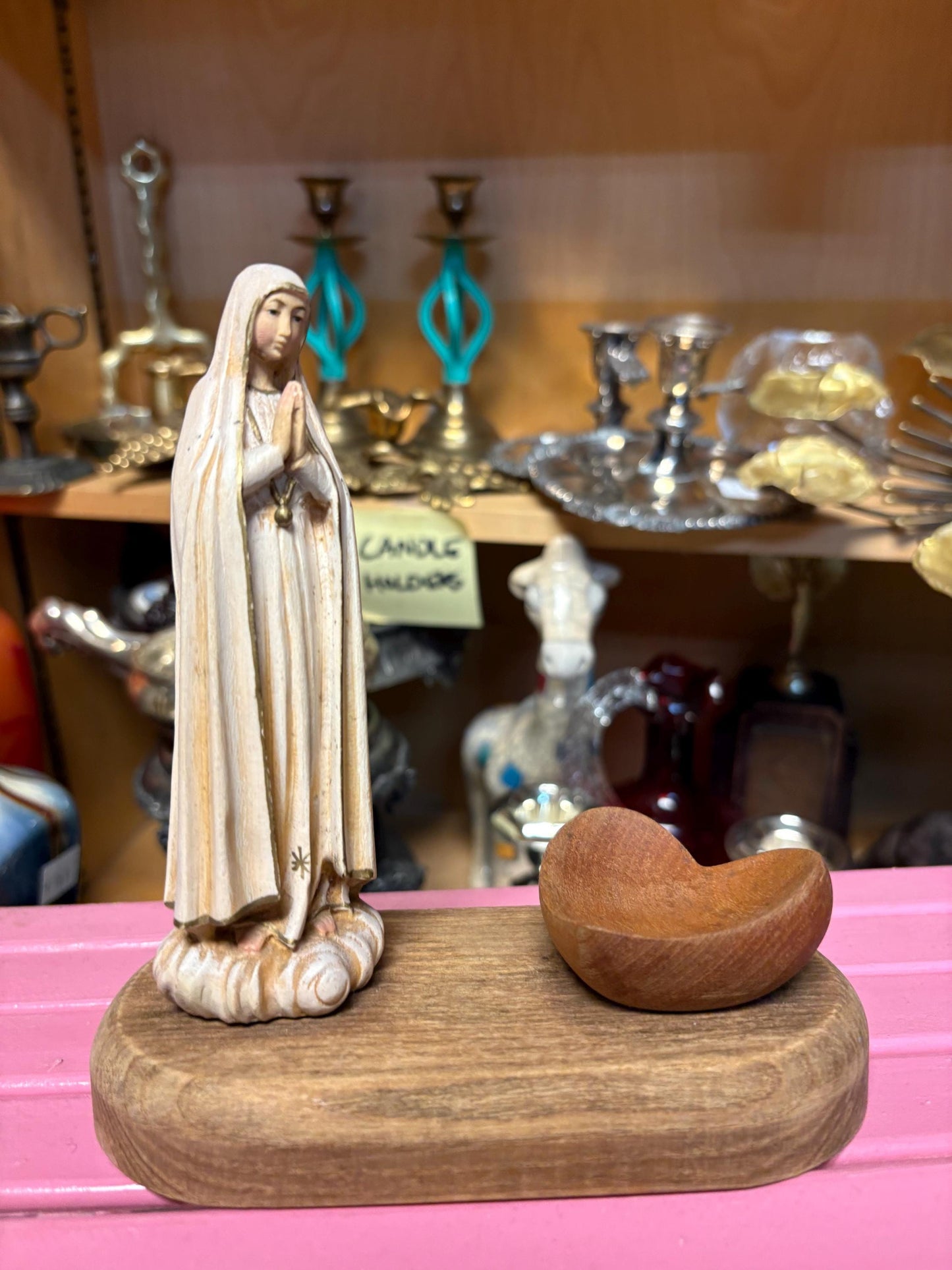 Intricate detailed wooden Madonna and heart dish on stand  amazing piece and great gift  good value 6 1/2 x 6“ long