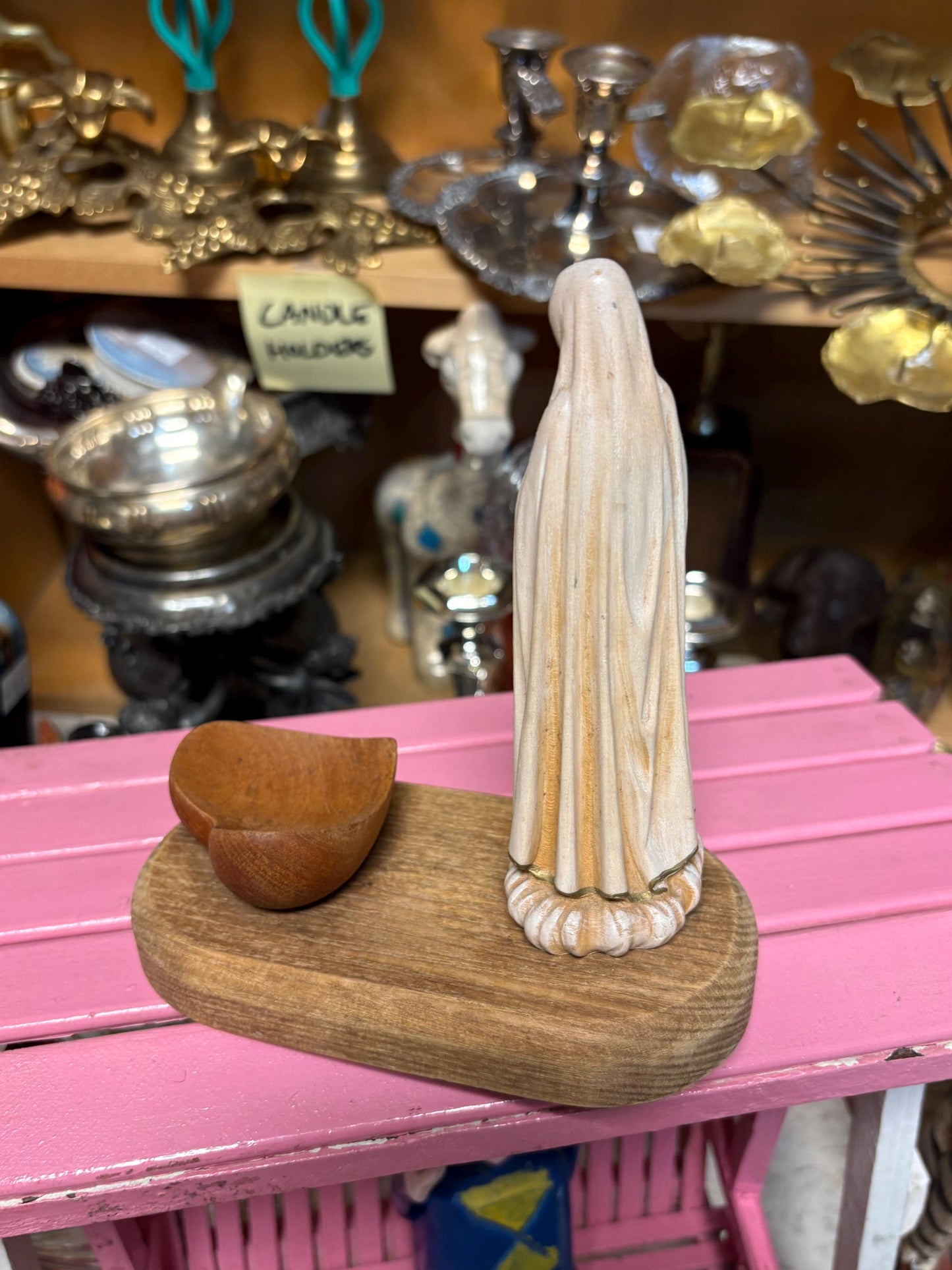 Intricate detailed wooden Madonna and heart dish on stand  amazing piece and great gift  good value 6 1/2 x 6“ long