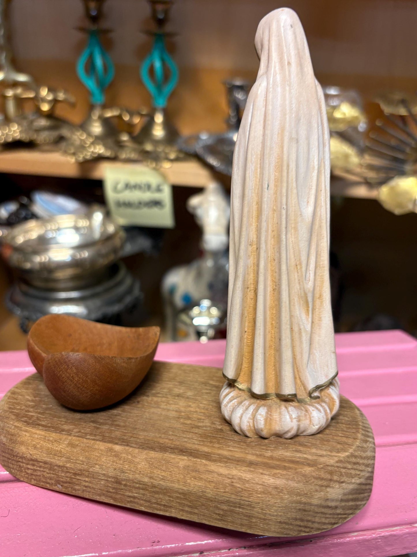 Intricate detailed wooden Madonna and heart dish on stand  amazing piece and great gift  good value 6 1/2 x 6“ long