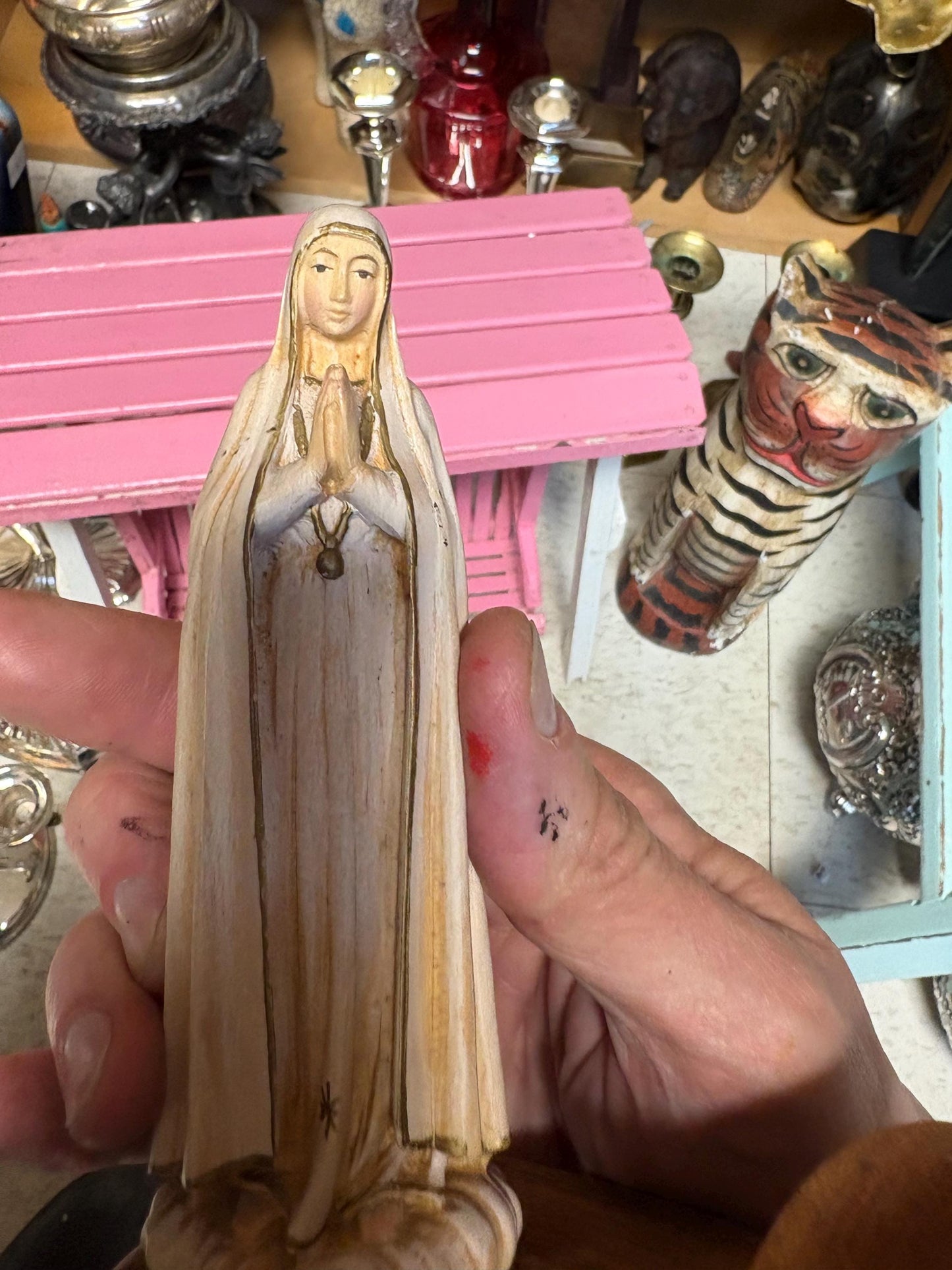 Intricate detailed wooden Madonna and heart dish on stand  amazing piece and great gift  good value 6 1/2 x 6“ long