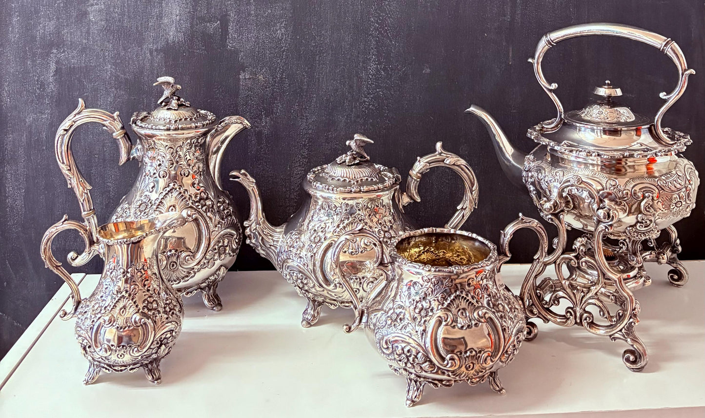 Fabulous antique silver plated coffee and tea service with hot water kettle on stand  amazing condition  one of a kind set  wow  serve!!