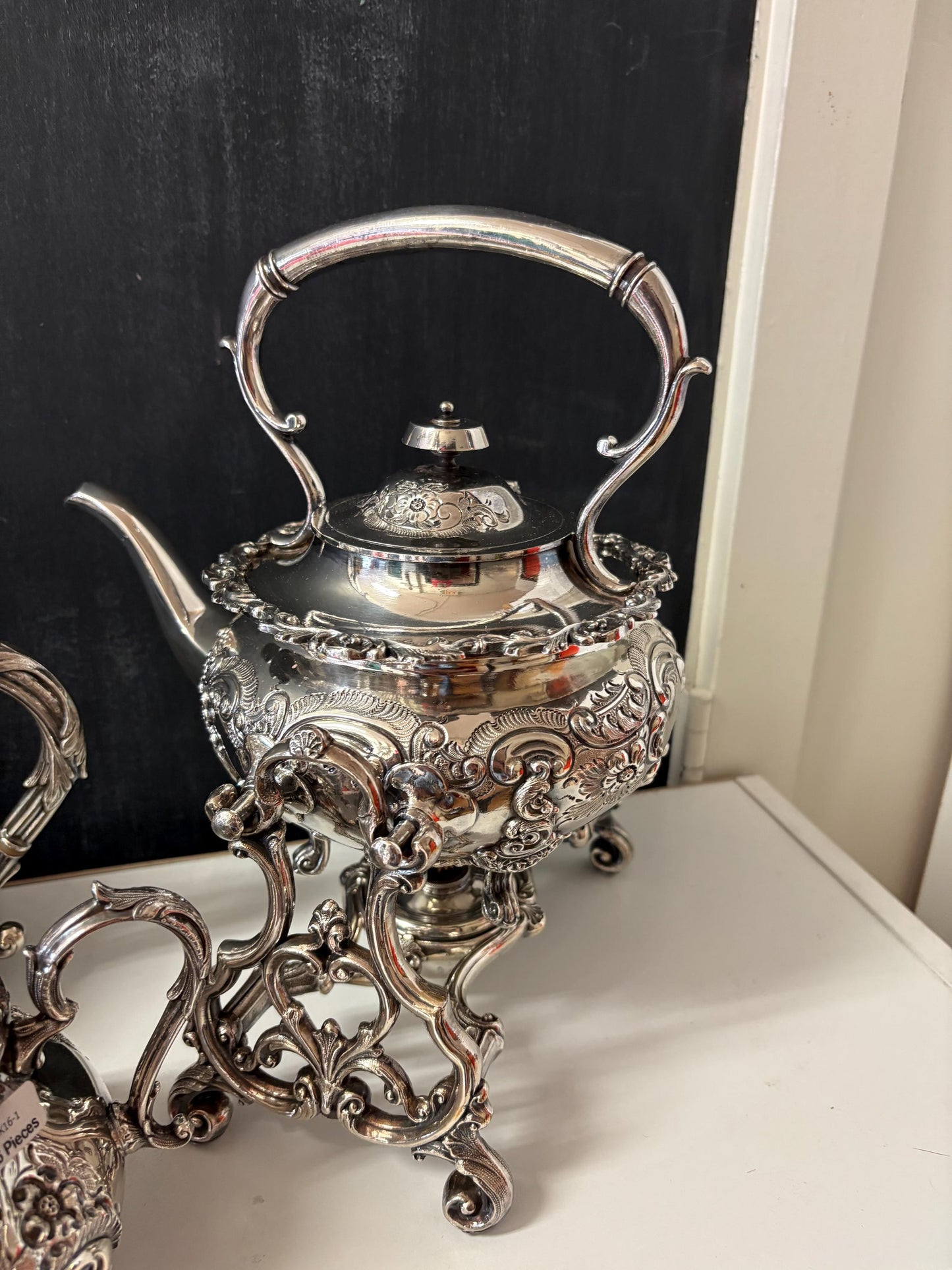 Fabulous antique silver plated coffee and tea service with hot water kettle on stand  amazing condition  one of a kind set  wow  serve!!