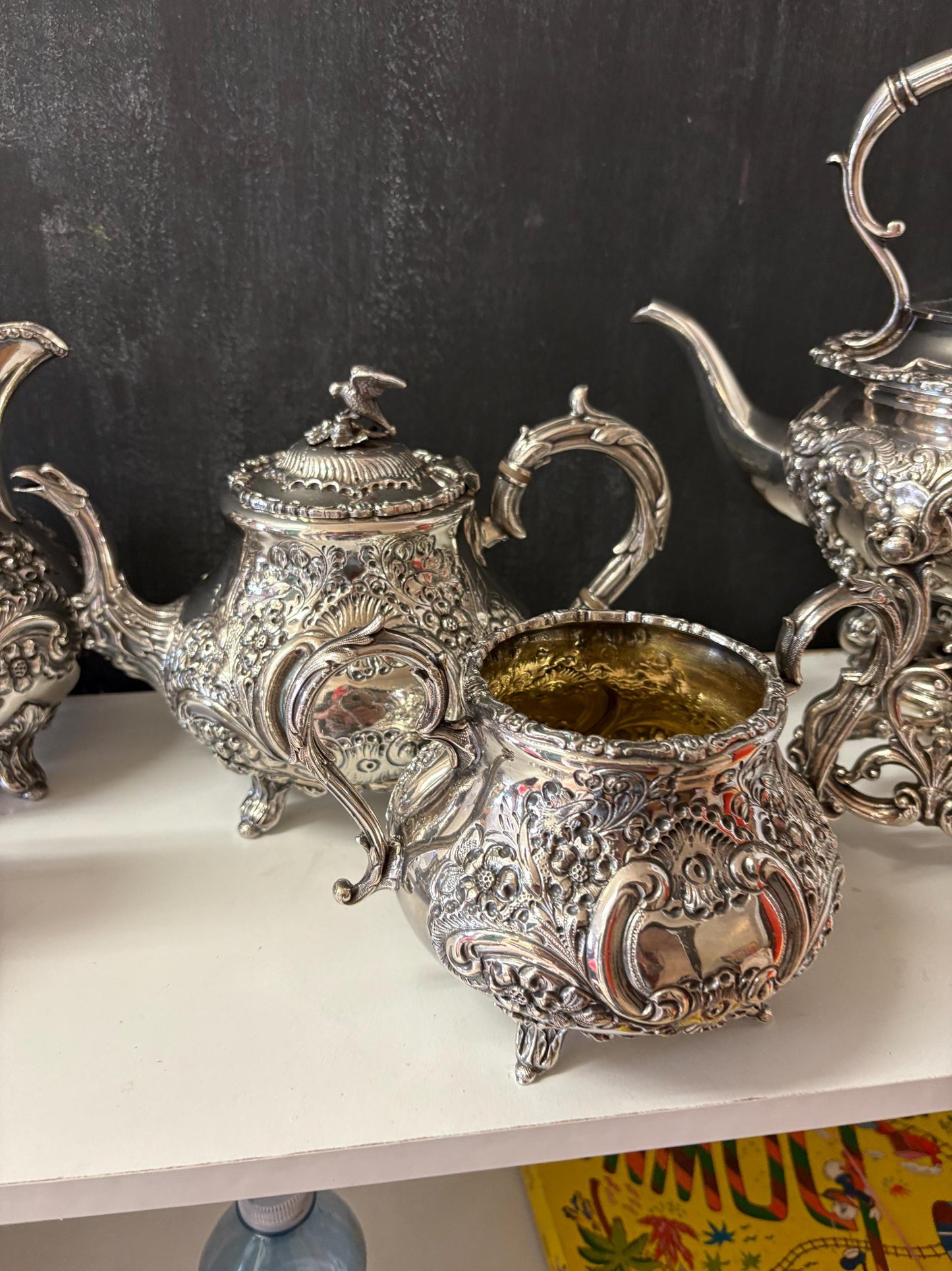 Fabulous antique silver plated coffee and tea service with hot water kettle on stand  amazing condition  one of a kind set  wow  serve!!
