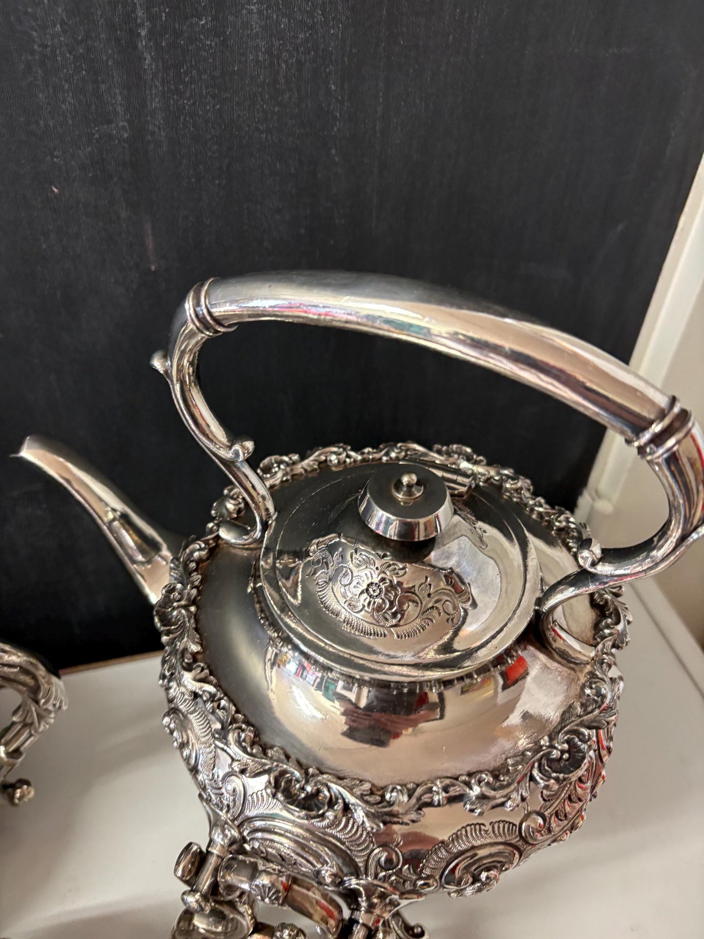 Fabulous antique silver plated coffee and tea service with hot water kettle on stand  amazing condition  one of a kind set  wow  serve!!