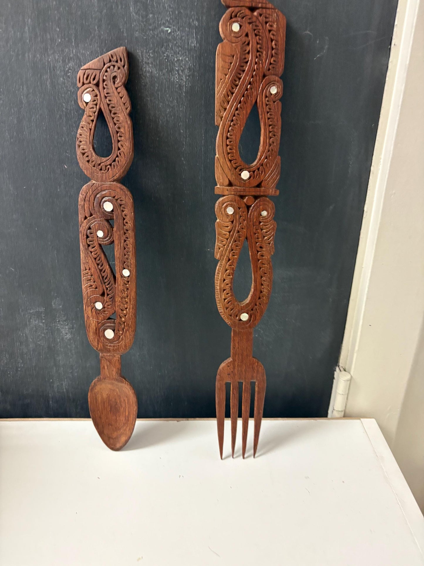 Indigenous New Zealand aboriginal  Maori intricately carved salad server pair  abalone insets  wow  14 and 16 inches long perfect gift -