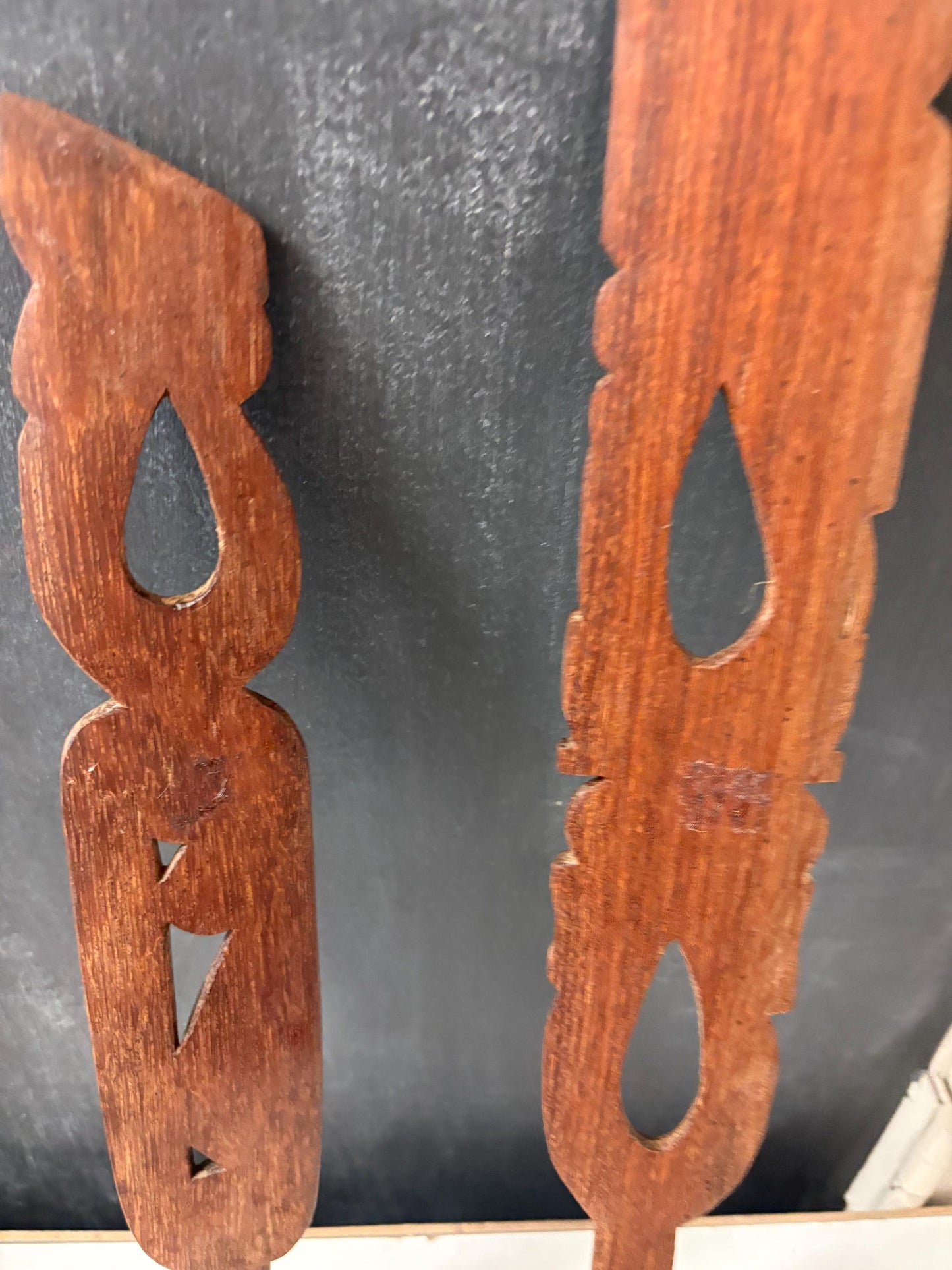 Indigenous New Zealand aboriginal  Maori intricately carved salad server pair  abalone insets  wow  14 and 16 inches long perfect gift -