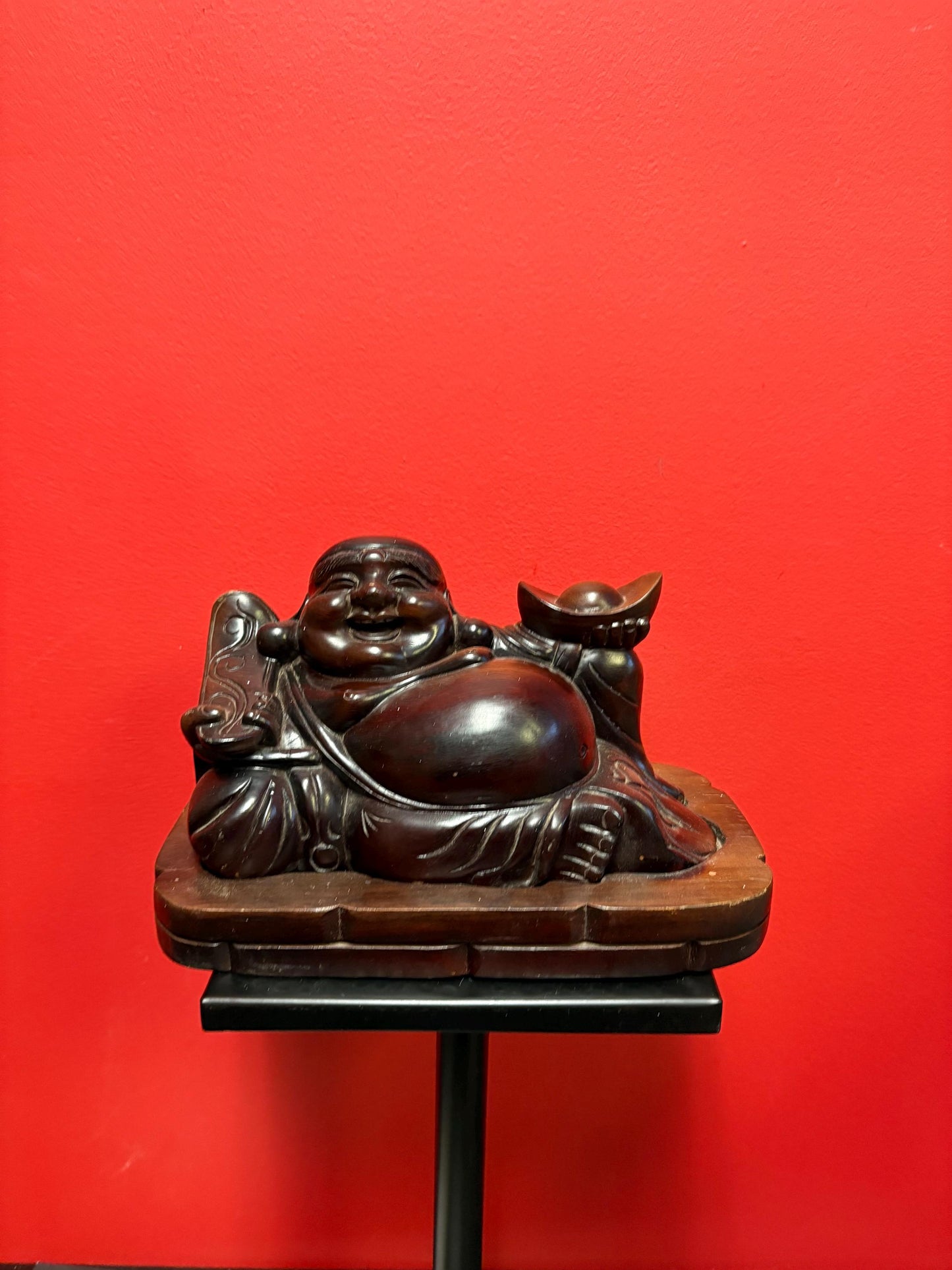 Super cool Chinese Buddha wooden on stand  10 x 8 inch high  unusual  Heavy