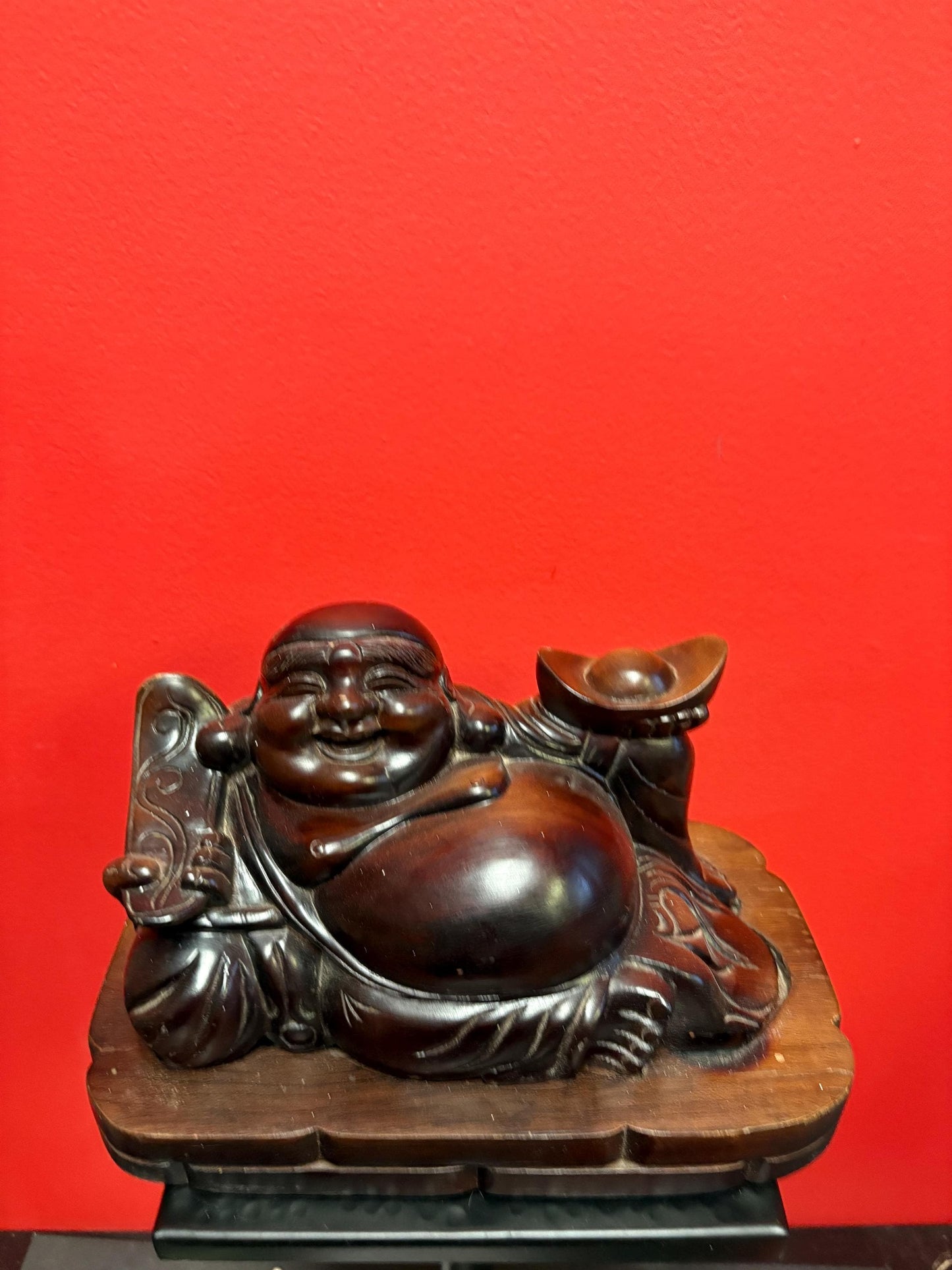 Super cool Chinese Buddha wooden on stand  10 x 8 inch high  unusual  Heavy