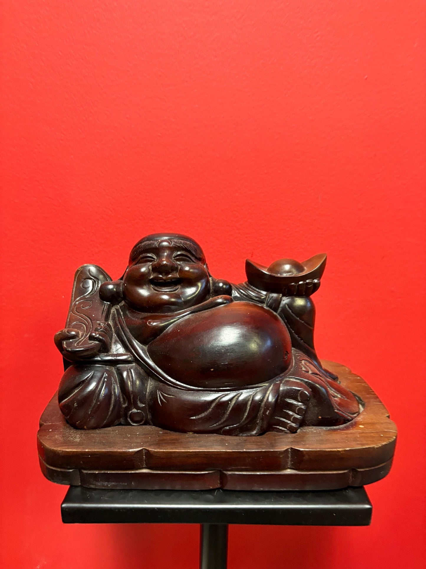 Super cool Chinese Buddha wooden on stand  10 x 8 inch high  unusual  Heavy