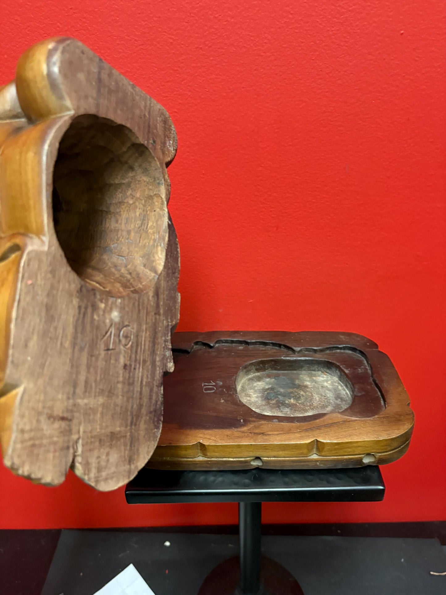 Super cool Chinese Buddha wooden on stand  10 x 8 inch high  unusual  Heavy