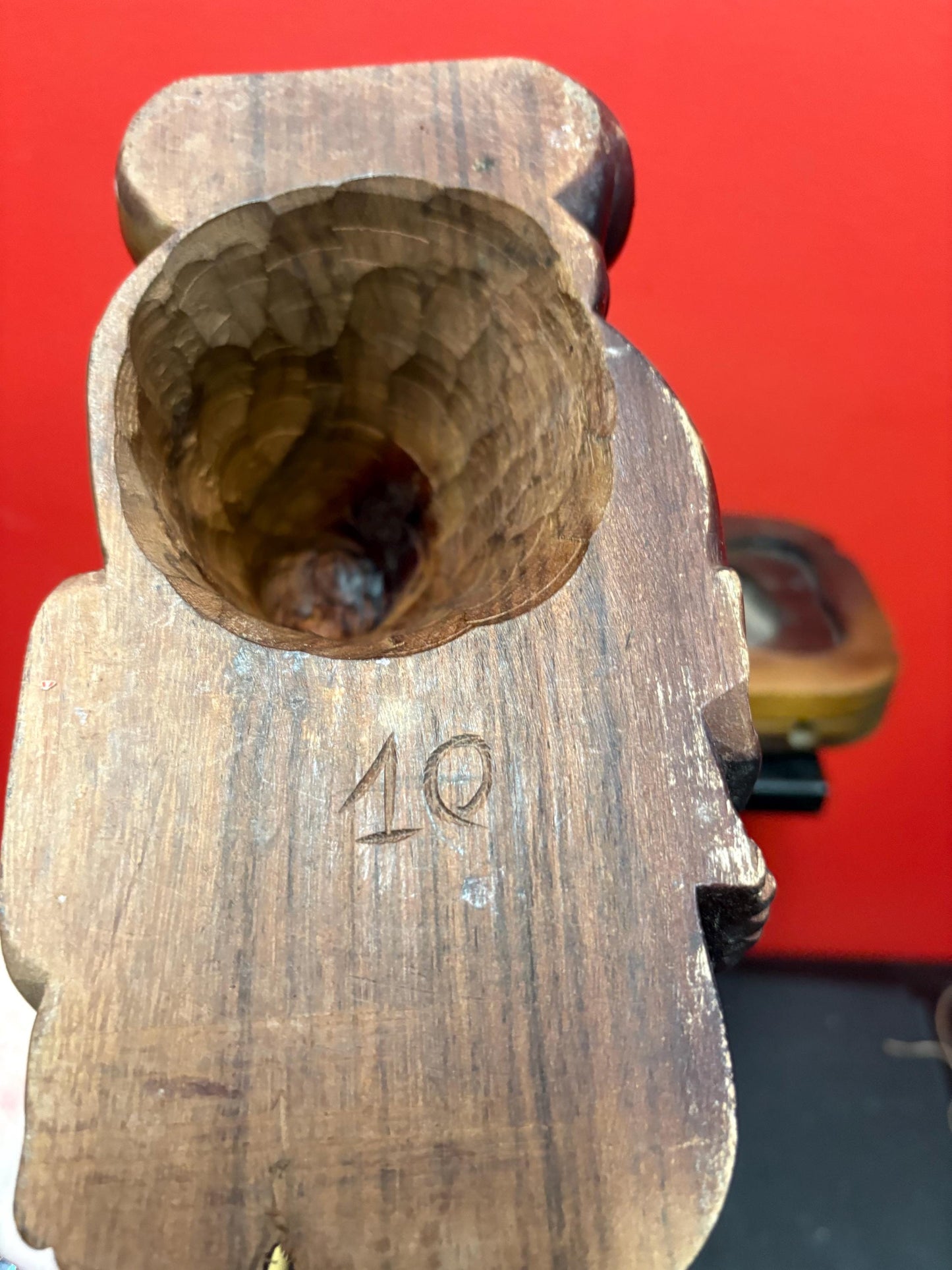 Super cool Chinese Buddha wooden on stand  10 x 8 inch high  unusual  Heavy