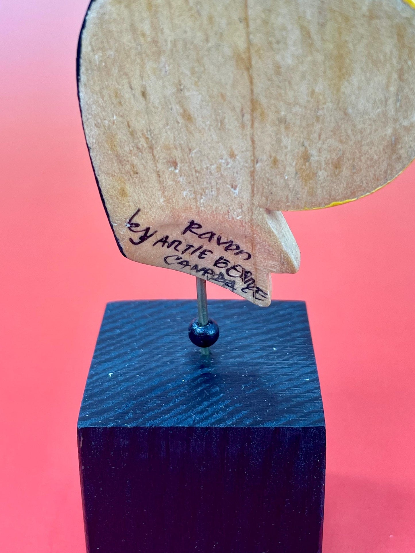 Lovely indigenous first Nations Pacific northwest Coast Artie George Raven carving on stand  total 4.5 inches  Lovely detail and quality