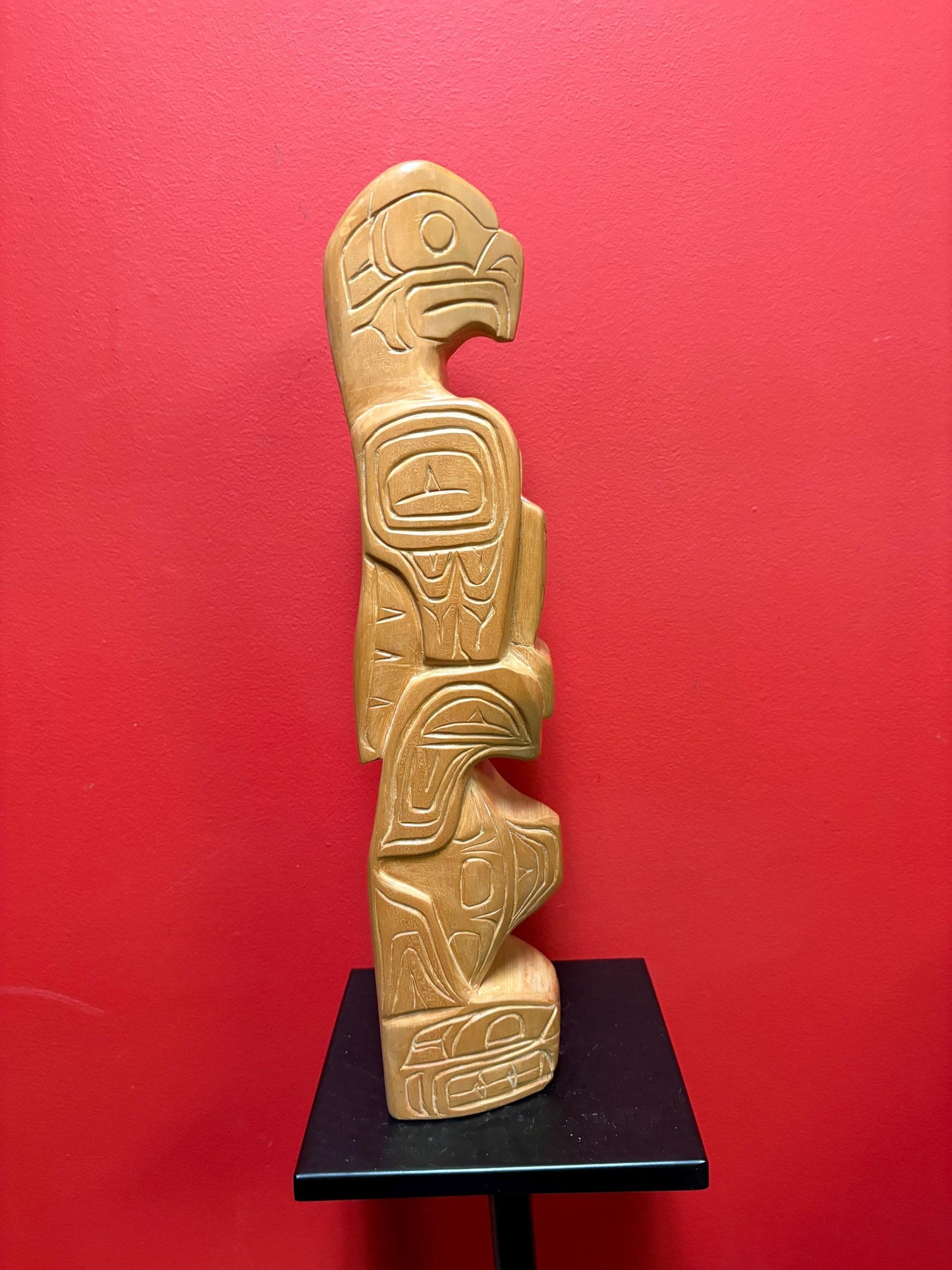 Impressive 18 inch tall indigenous first nations pacific  north west coast cedar eagle transformation totem pole signed  wow