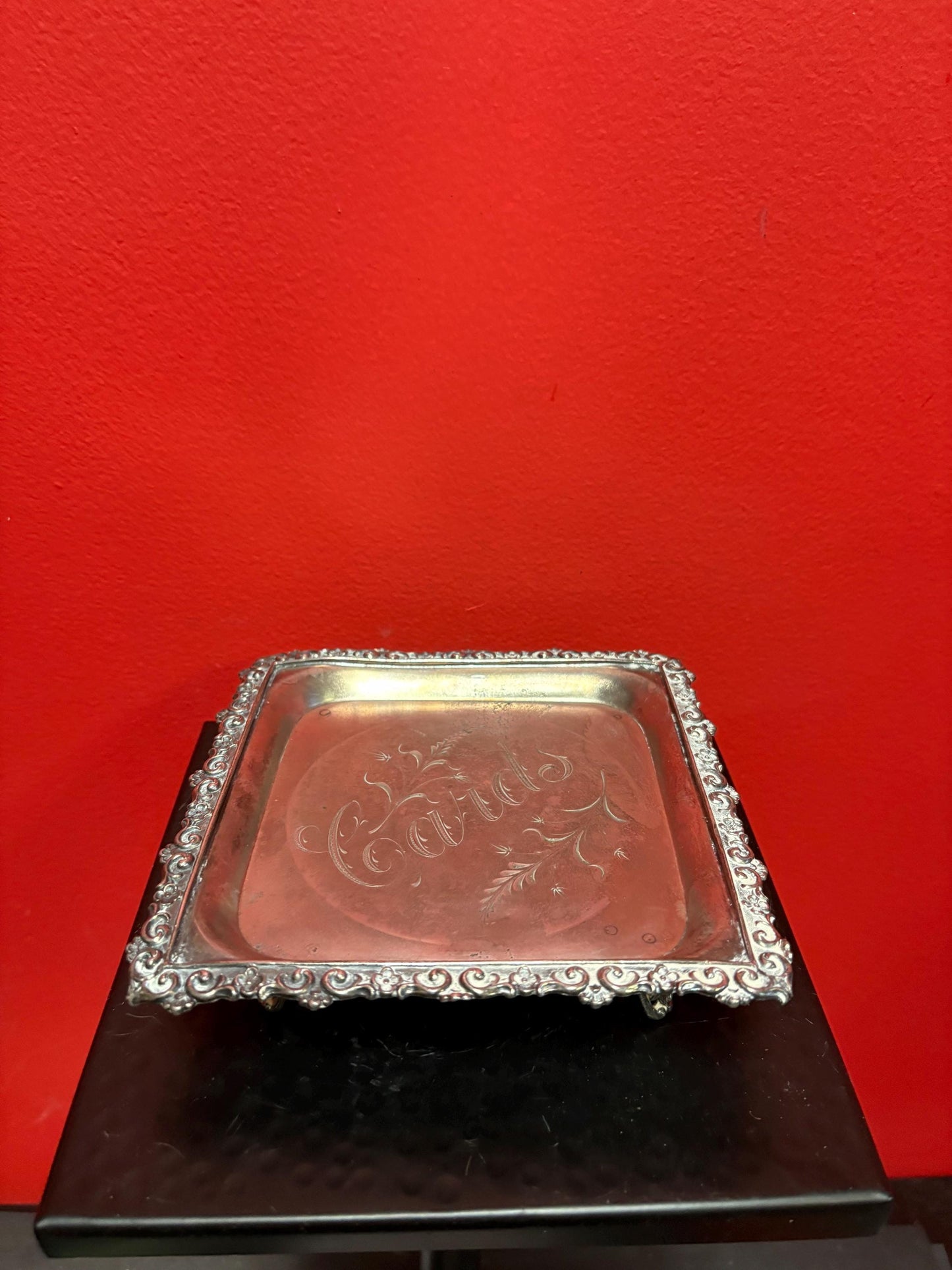 Stunning English Meridian silver plate antique card tray  6 x 6  wonderful condition and ready to gift or use  great value