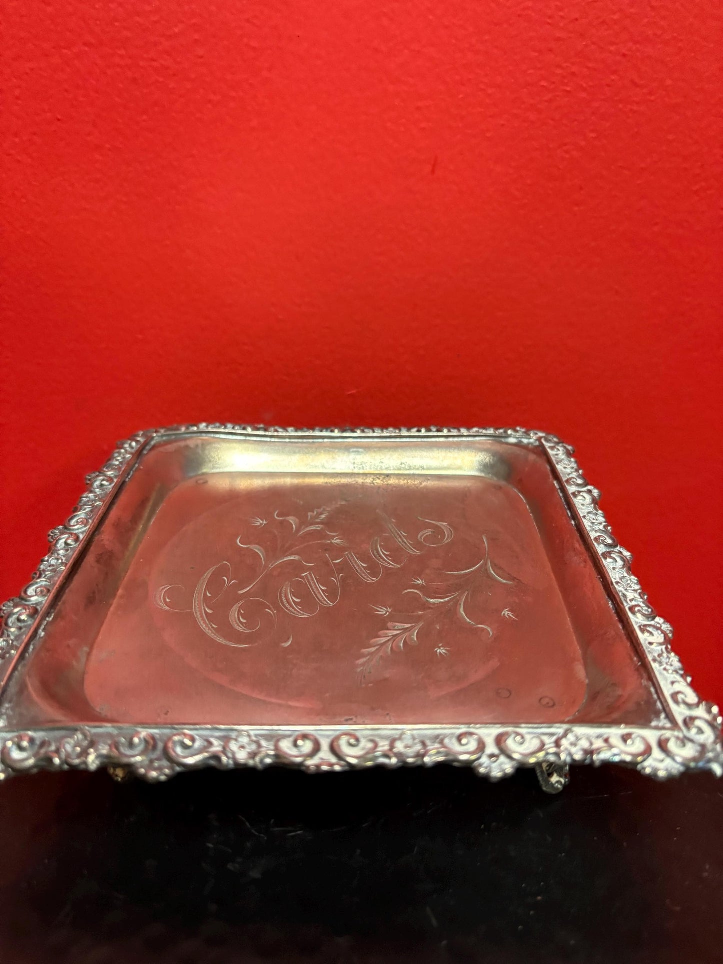 Stunning English Meridian silver plate antique card tray  6 x 6  wonderful condition and ready to gift or use  great value