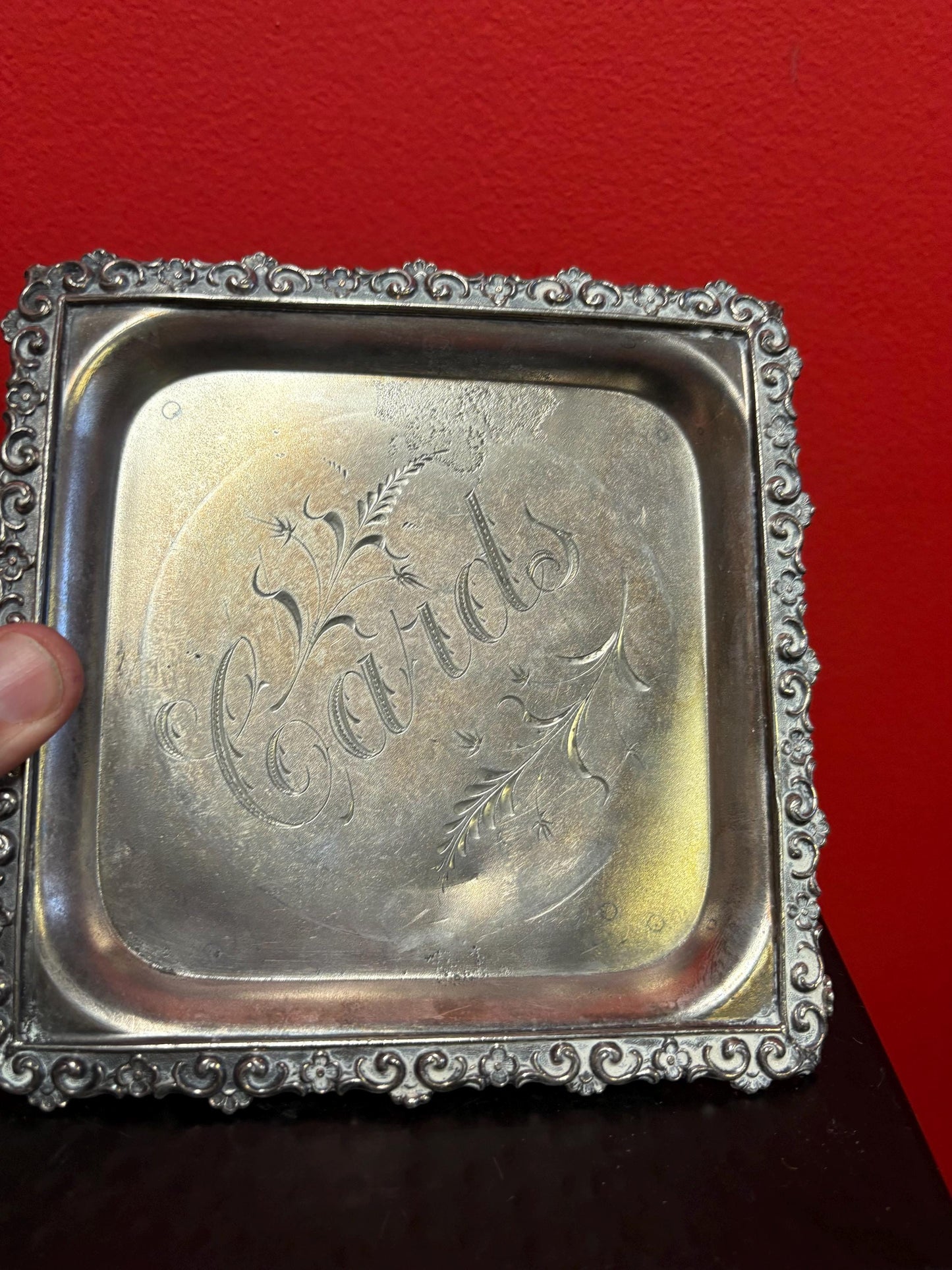 Stunning English Meridian silver plate antique card tray  6 x 6  wonderful condition and ready to gift or use  great value