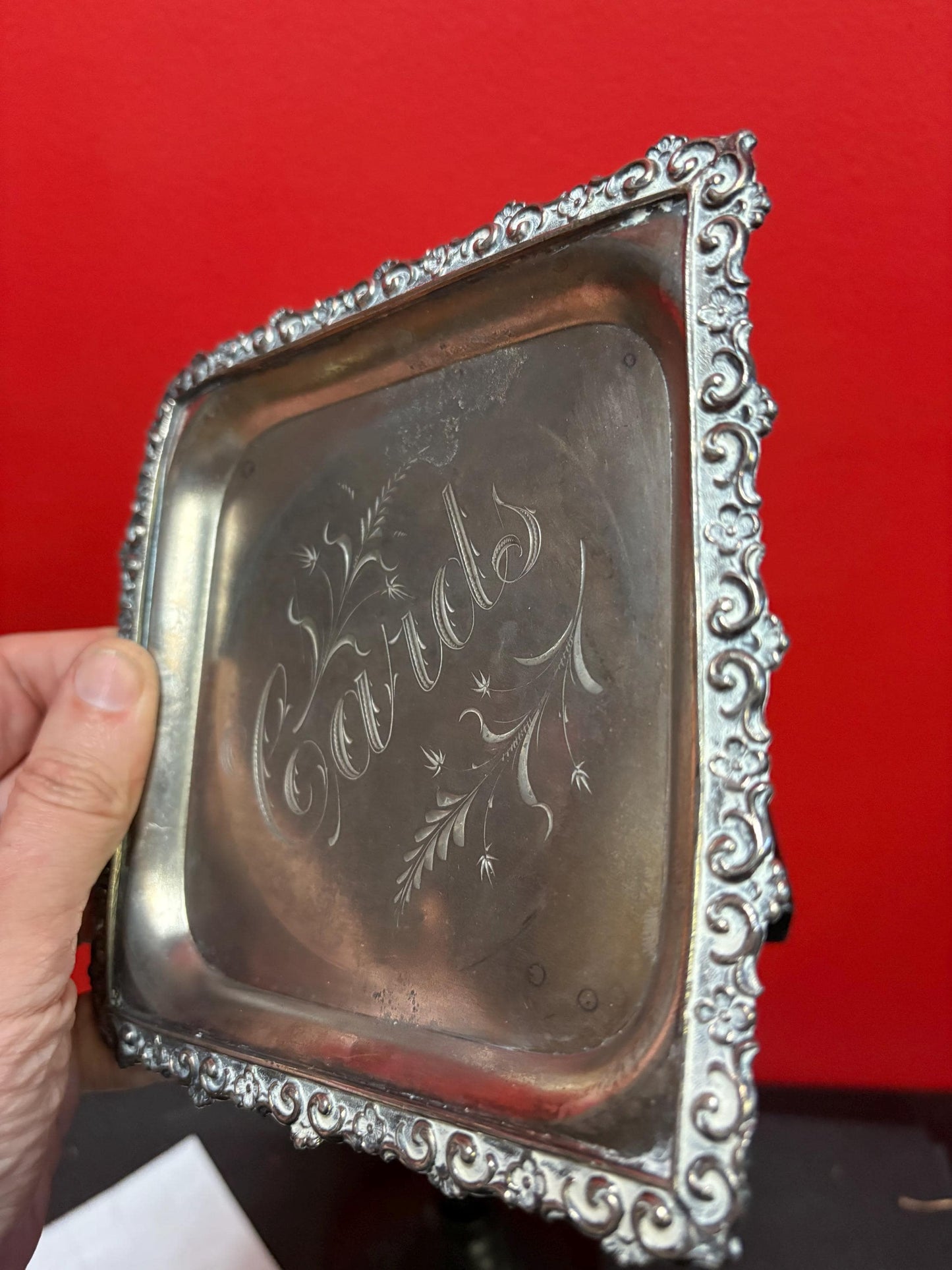 Stunning English Meridian silver plate antique card tray  6 x 6  wonderful condition and ready to gift or use  great value