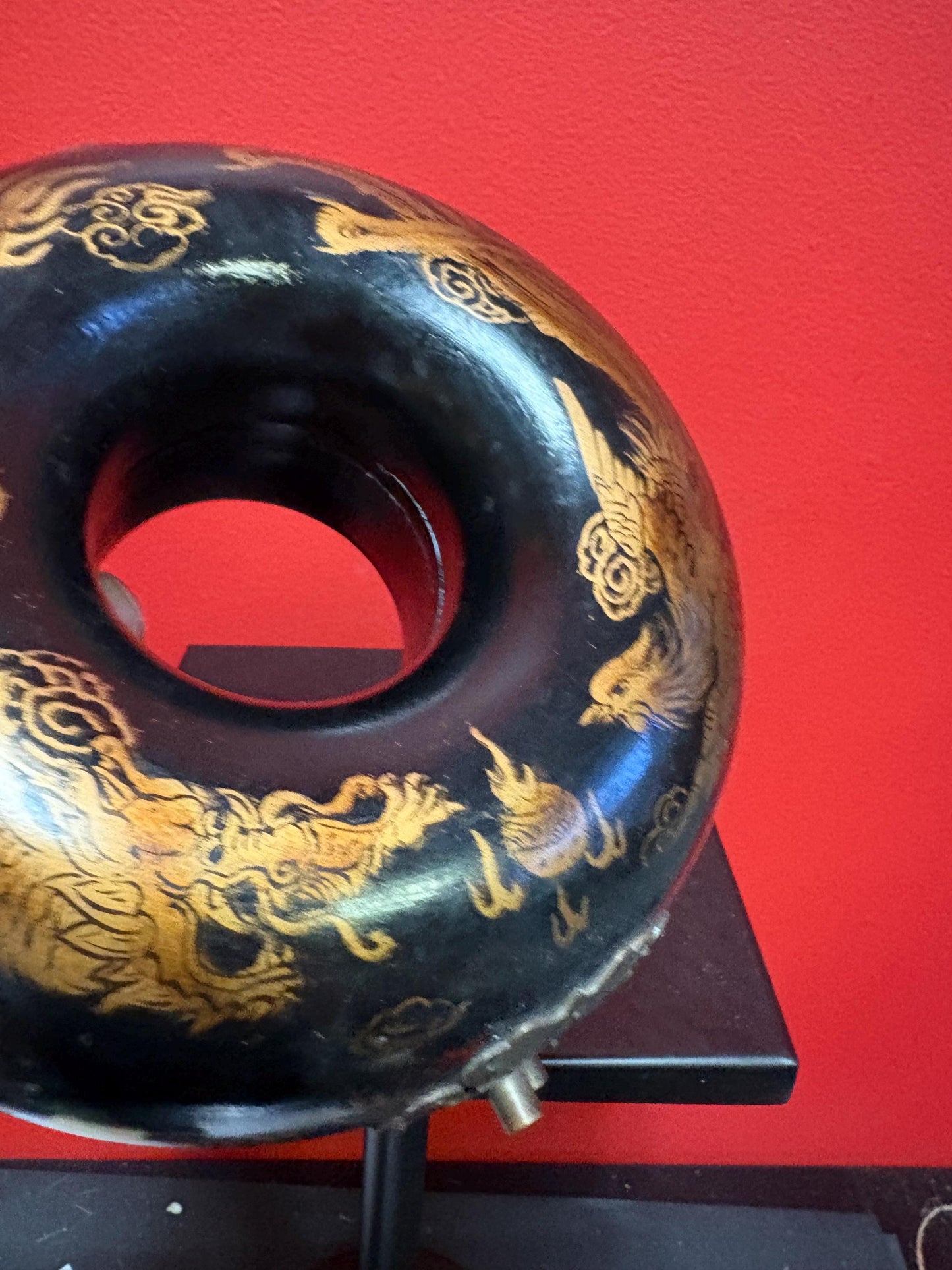 Fabulous antique Asian Chinese  lacquer child collar box  great condition  latch  as is  dragon and phoenix in fight motif   7 x 4 tall