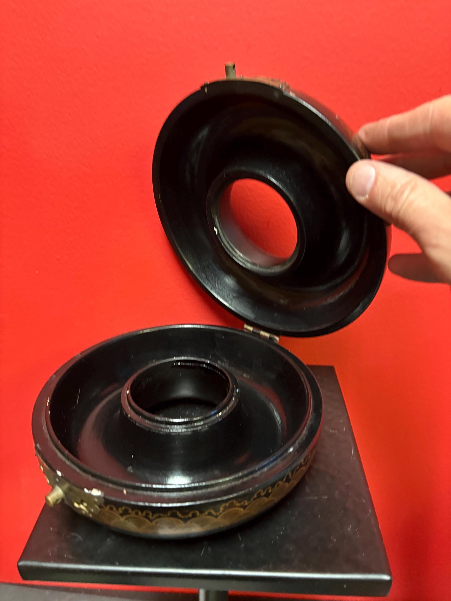 Fabulous antique Asian Chinese  lacquer child collar box  great condition  latch  as is  dragon and phoenix in fight motif   7 x 4 tall