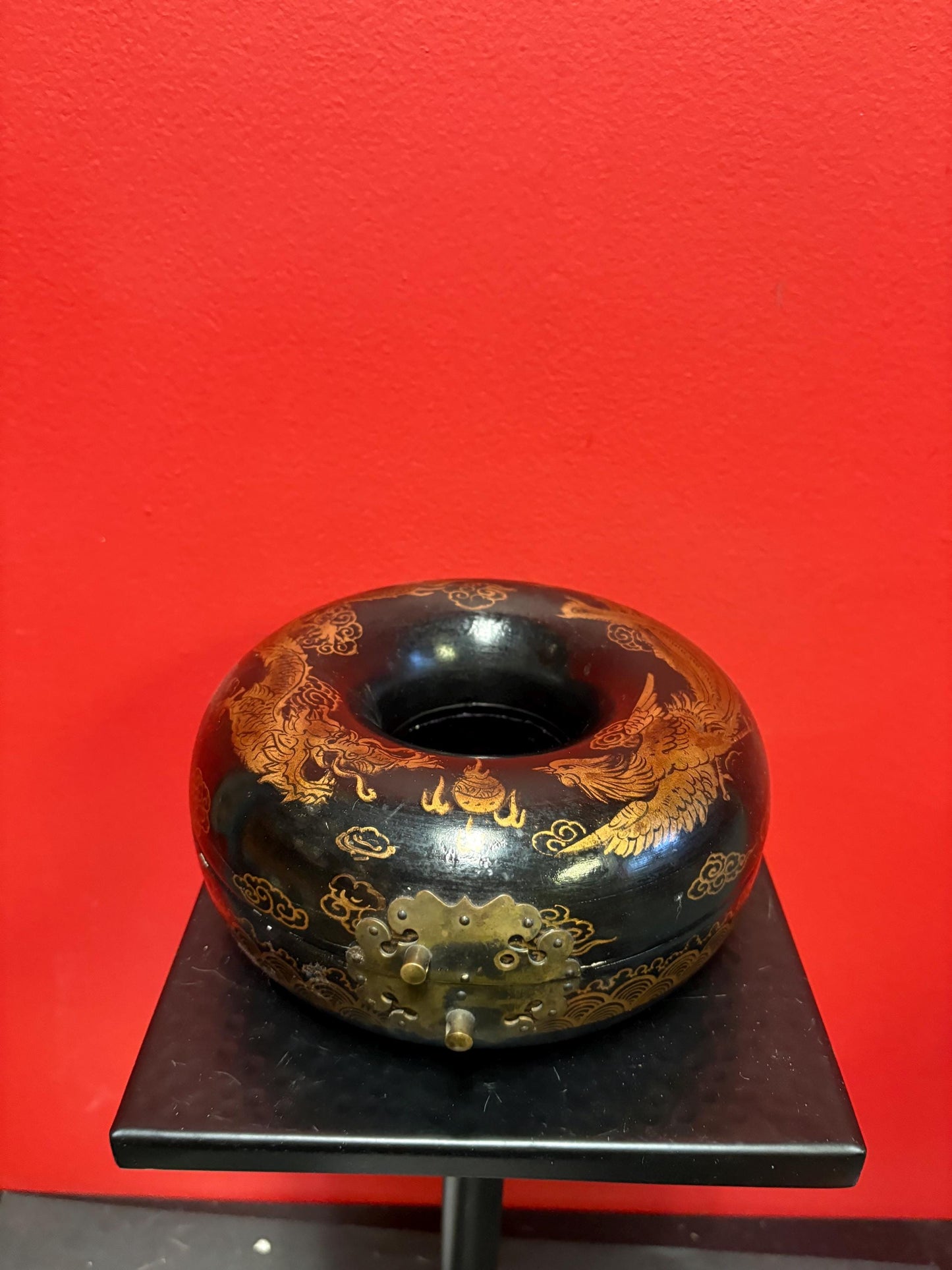 Fabulous antique Asian Chinese  lacquer child collar box  great condition  latch  as is  dragon and phoenix in fight motif   7 x 4 tall