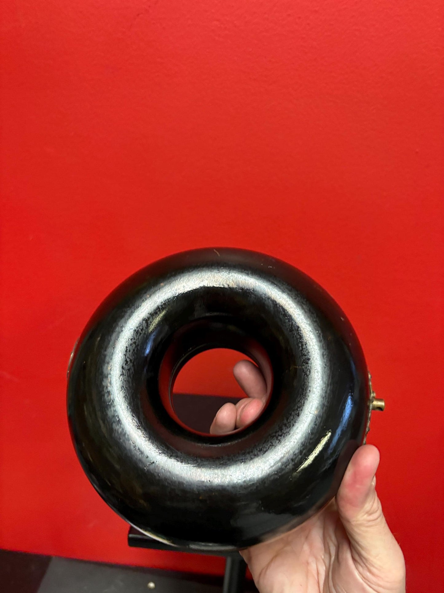 Fabulous antique Asian Chinese  lacquer child collar box  great condition  latch  as is  dragon and phoenix in fight motif   7 x 4 tall