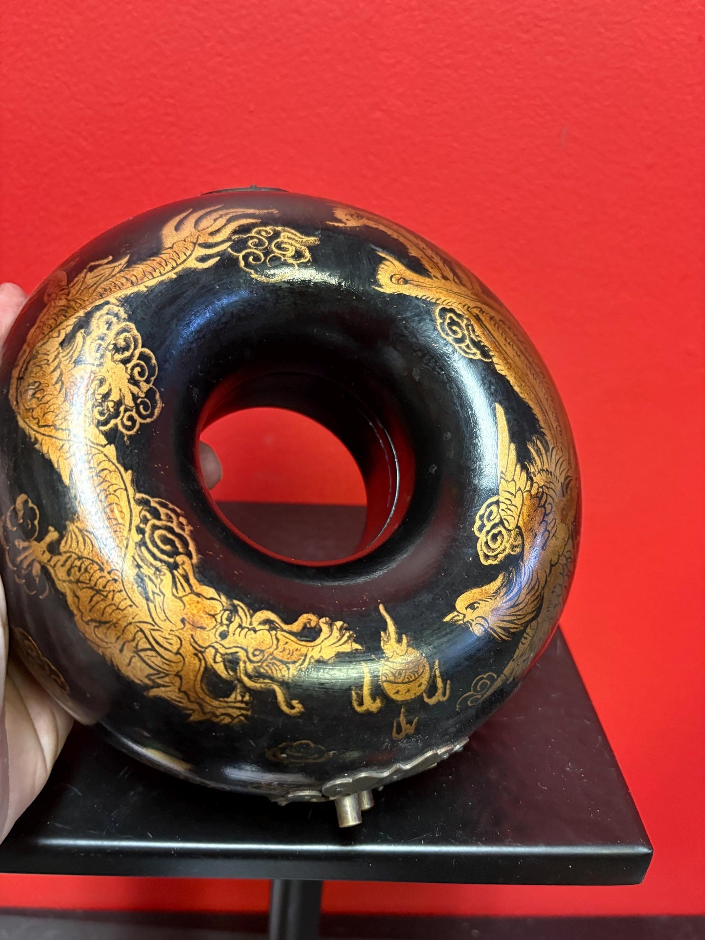 Fabulous antique Asian Chinese  lacquer child collar box  great condition  latch  as is  dragon and phoenix in fight motif   7 x 4 tall