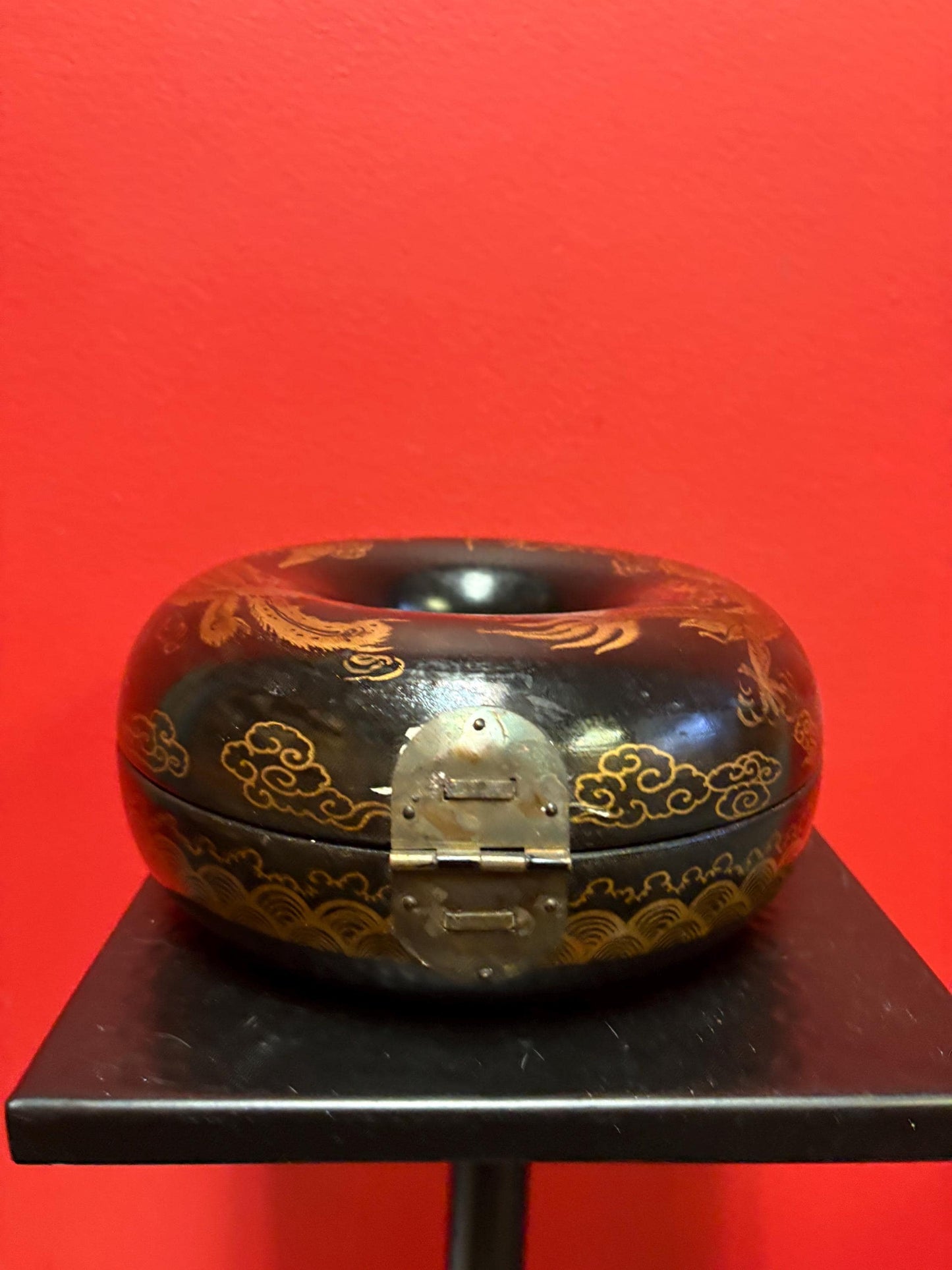 Fabulous antique Asian Chinese  lacquer child collar box  great condition  latch  as is  dragon and phoenix in fight motif   7 x 4 tall