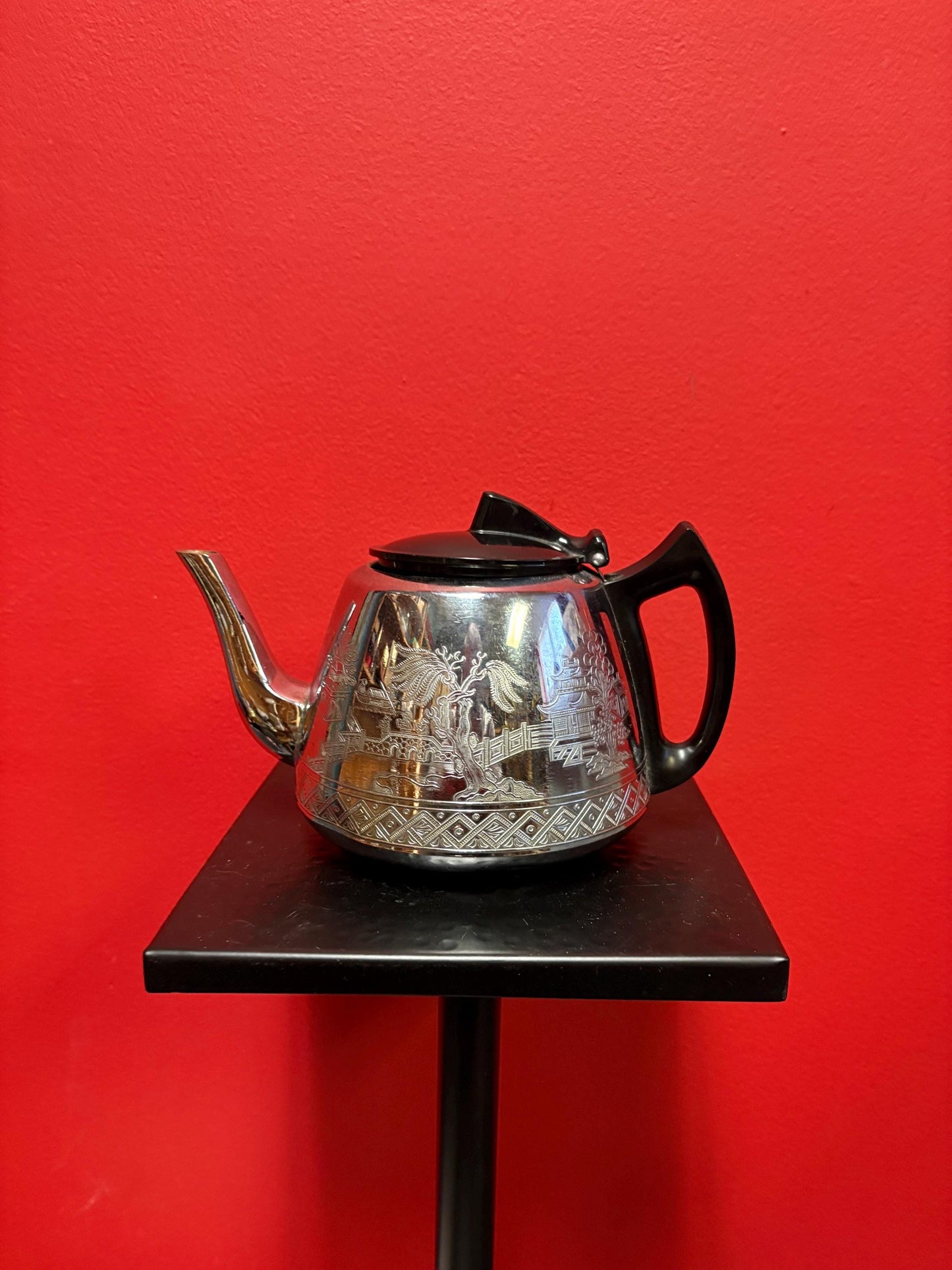 Lovely Willow Ware vintage chrome teapot - 8 x 5 tall and ready to use  see photos Unusual cool piece