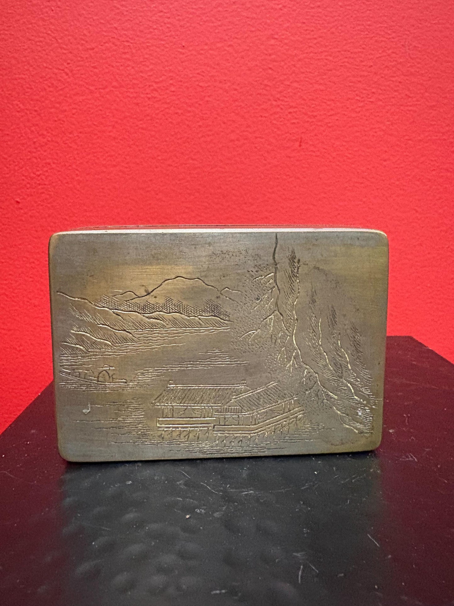 Antique heavy Asian box  4 x 3 x 1 thick  great patina  good value  signed