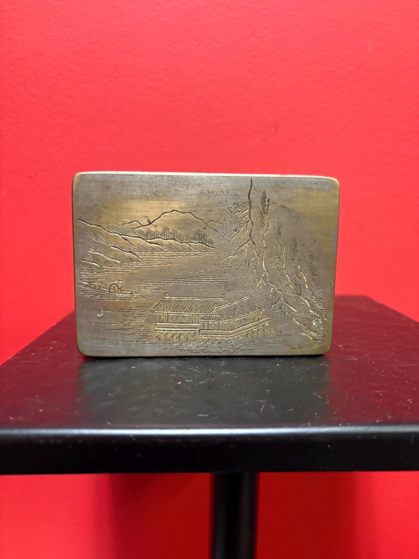 Antique heavy Asian box  4 x 3 x 1 thick  great patina  good value  signed