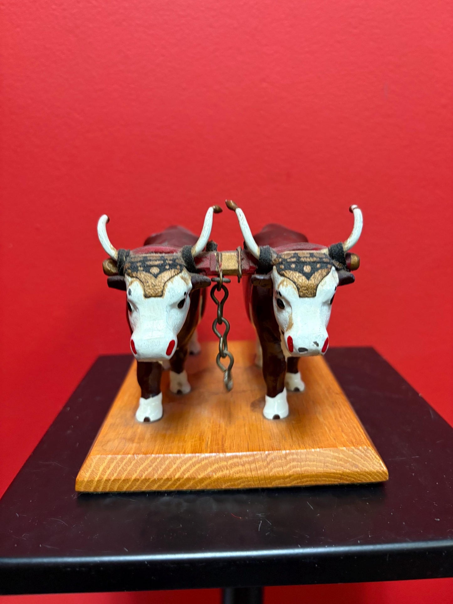 Lovely antique heavy cast metal painted bulls on stand very cool  6 x 4 high  cowboy rancher heaven piece  say what!!
