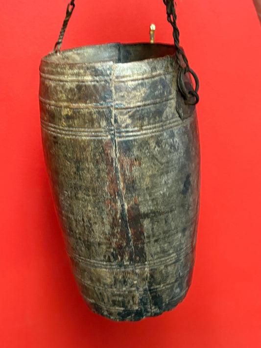 Museum quality 13 inch tall 18 century African water bucket   wonderful patina African historical piece  wow