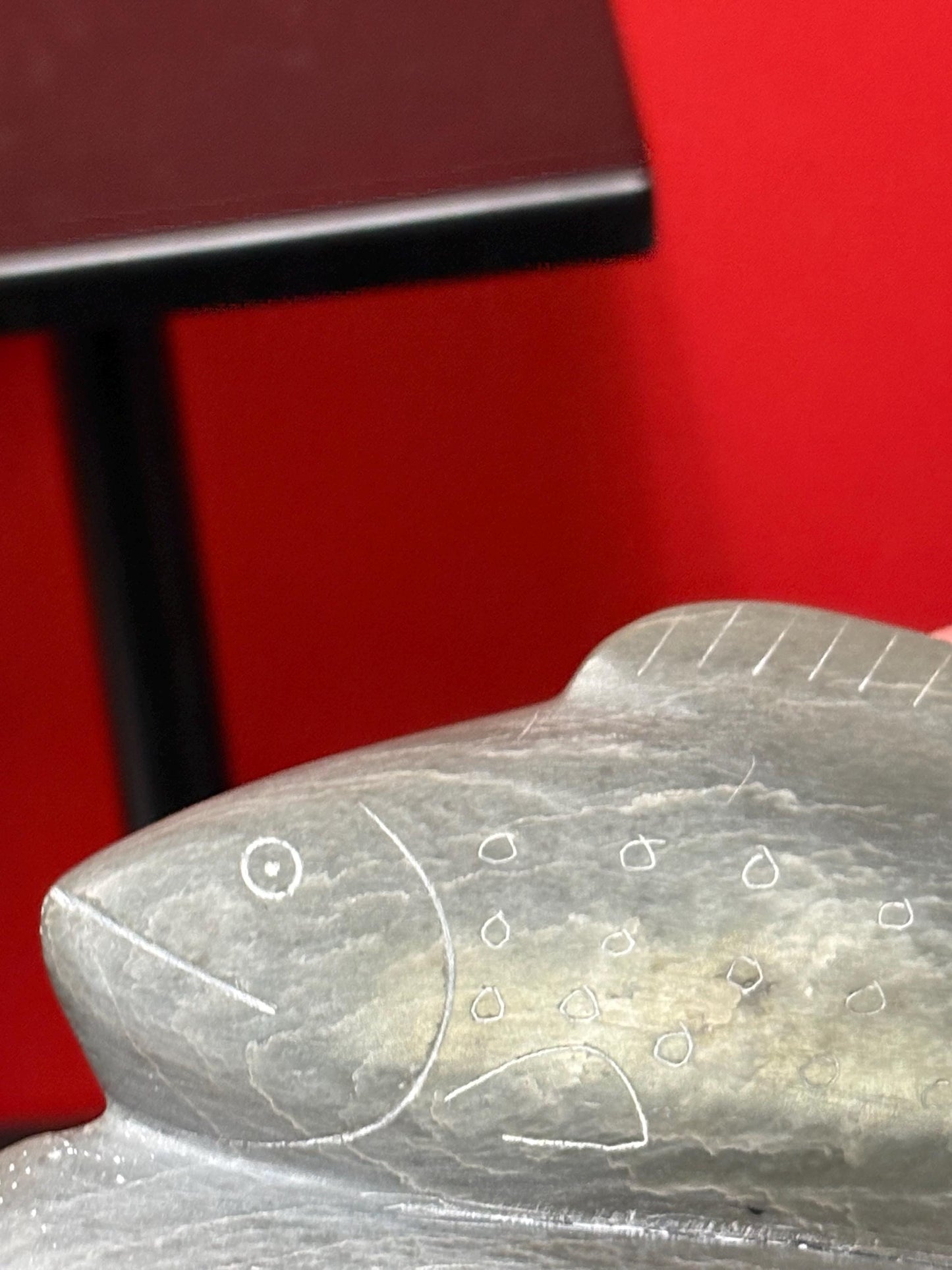 Lovely 7 x 3 high indigenous Inuit soapstone signed salmon   chip on tail good value