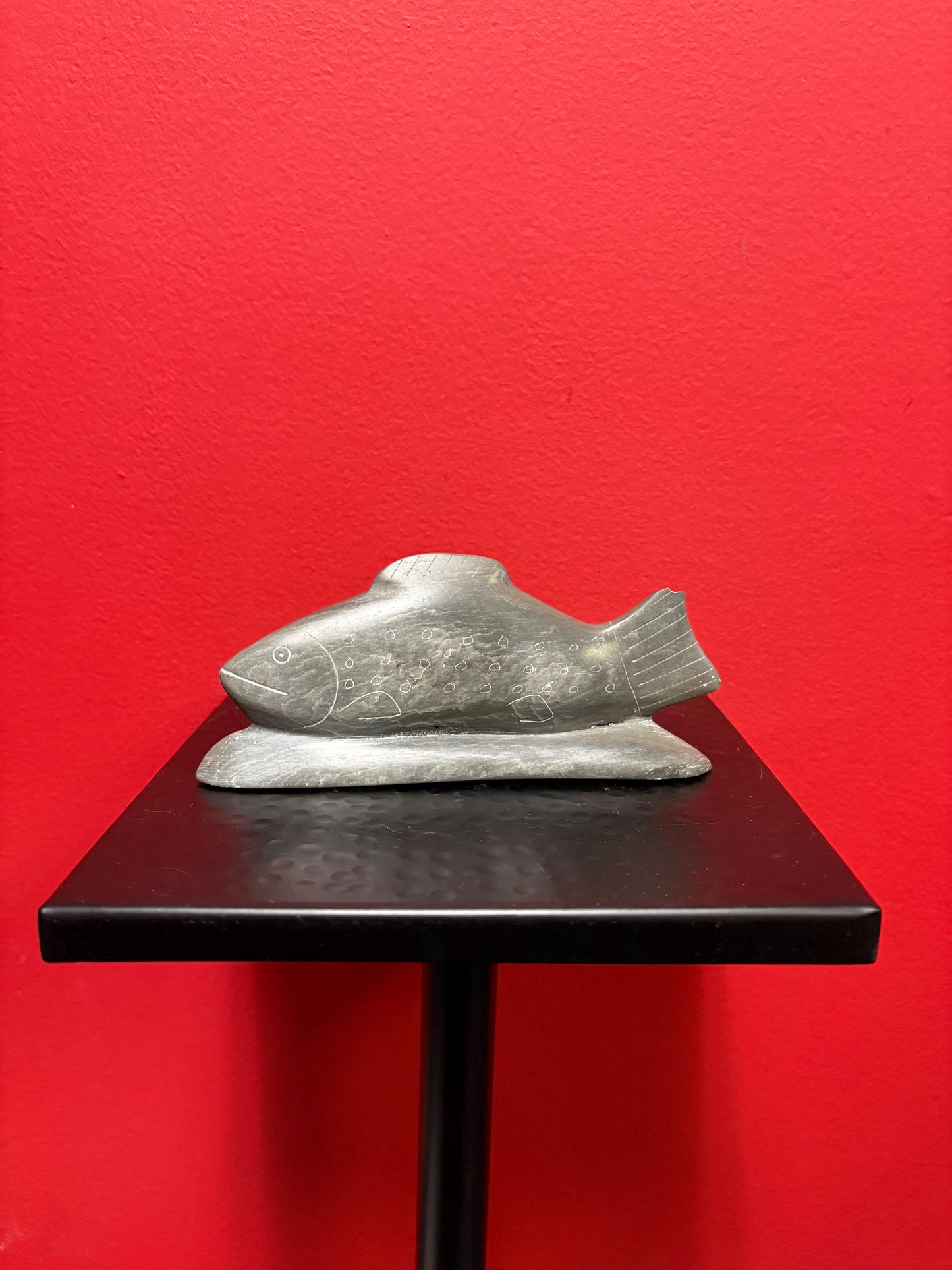Lovely 7 x 3 high indigenous Inuit soapstone signed salmon   chip on tail good value