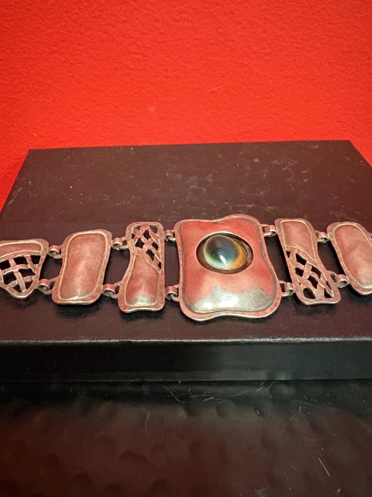 A 7 inch long stunning art nouveau signed sterling silver bracelet with cartouche  wonderful quality  antique beauty - B